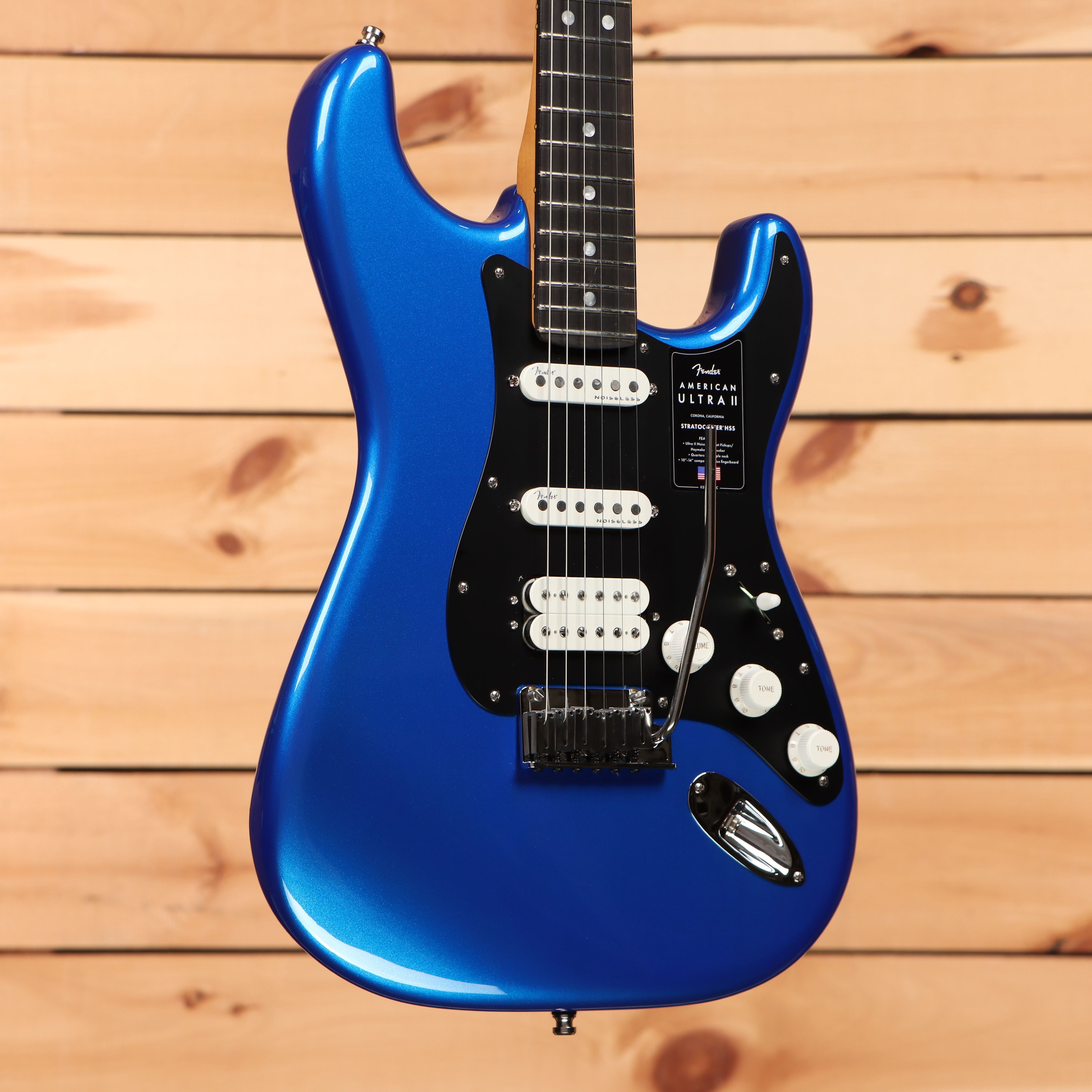 Fender American Ultra Stratocaster HSS electric guitar Noble Blue with black pickguard and three single-coil pickups