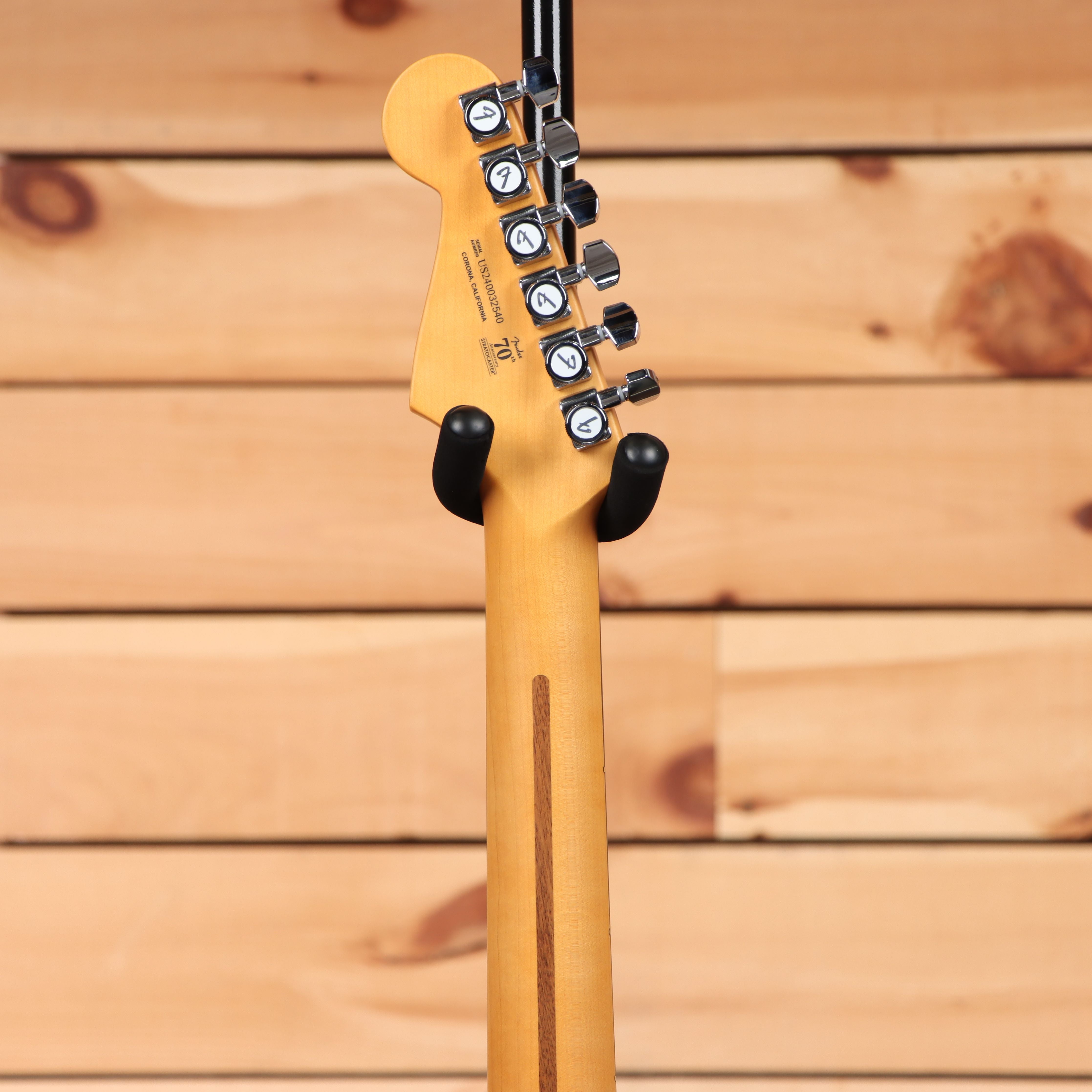 Fender American Ultra Stratocaster HSS electric guitar headstock view with tuning machines and maple neck
