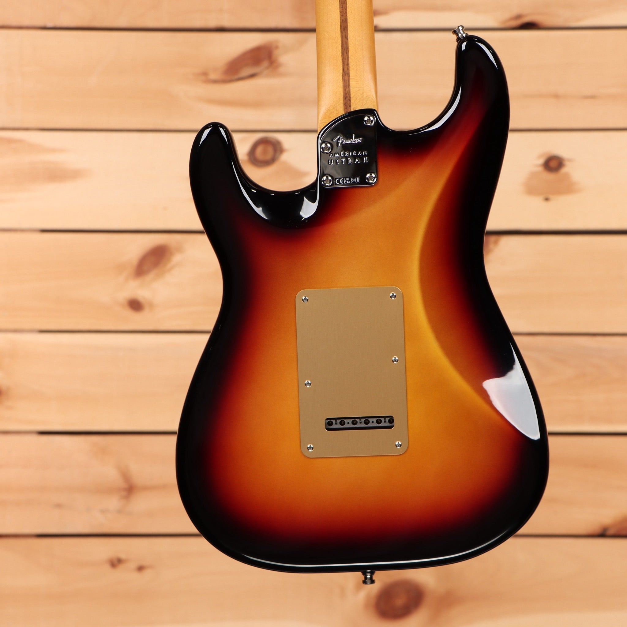 Fender American Ultra II Stratocaster HSS electric guitar Ultraburst with gold pickguard and single-coil pickups