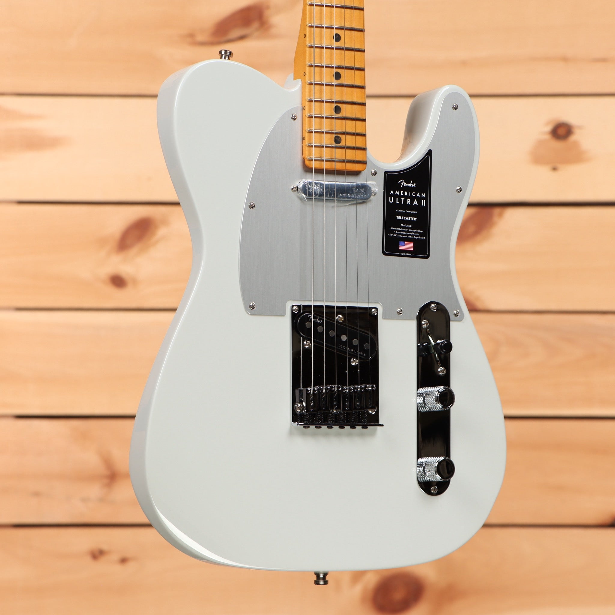 Fender American Ultra II Telecaster electric guitar Avalanche white with maple neck and black pickguard