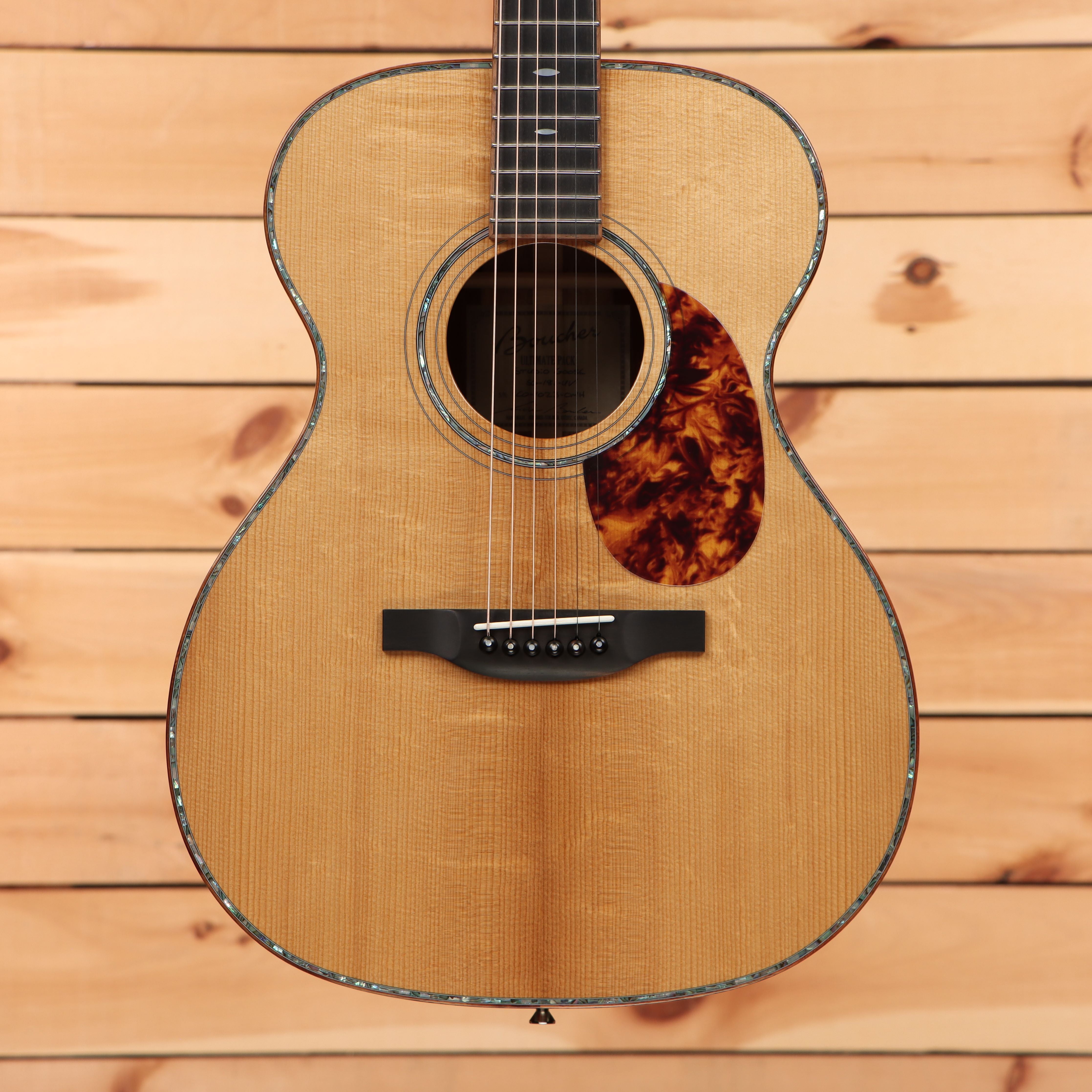 Boucher SG181UV natural acoustic guitar with tortoiseshell pickguard and mahogany back