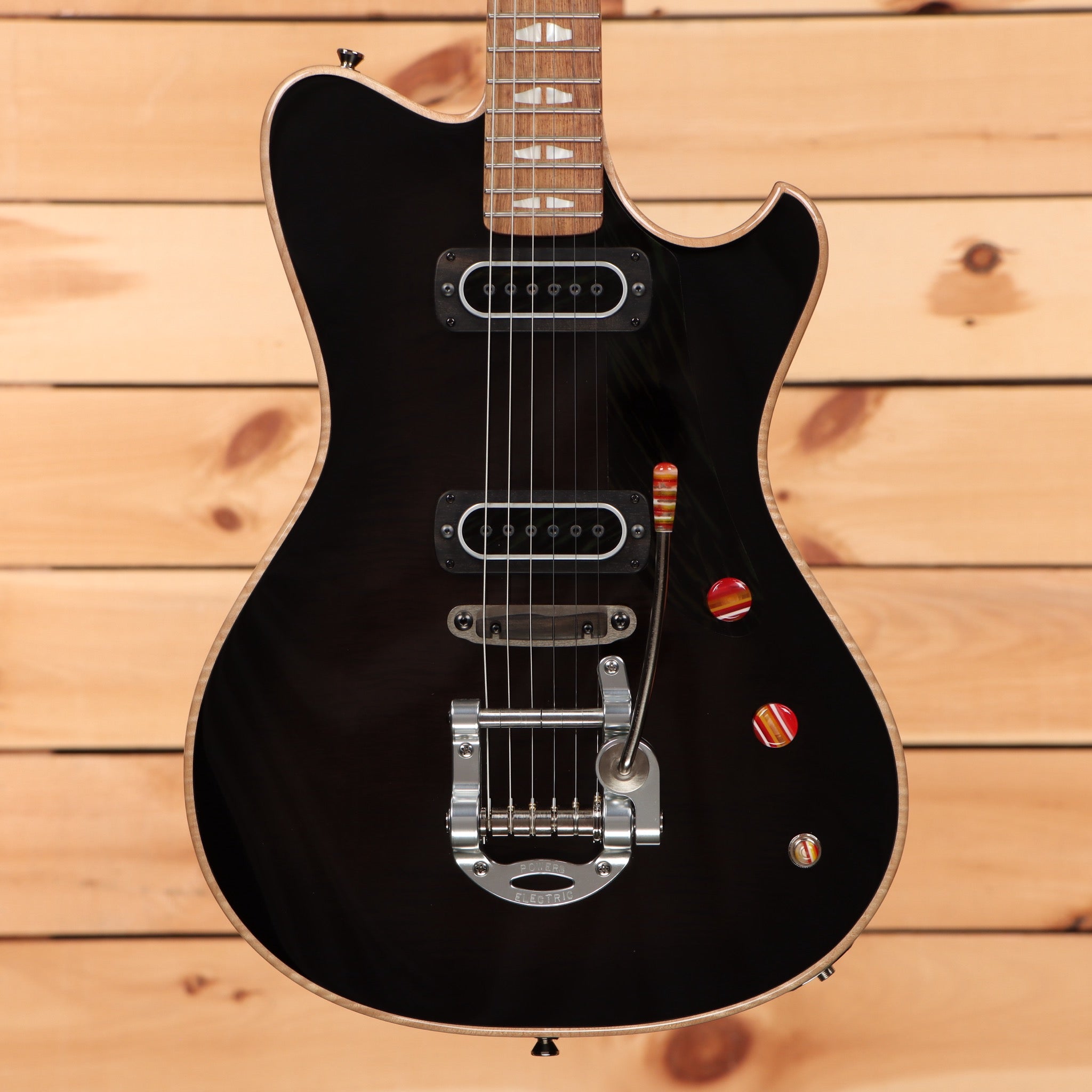 Powers A-Type Select electric guitar Shadow Black with dual single-coil pickups and vibrato bridge