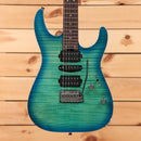 Charvel MJ DK24 HSH electric guitar Caribbean Burst with flame maple top and tremolo bridge