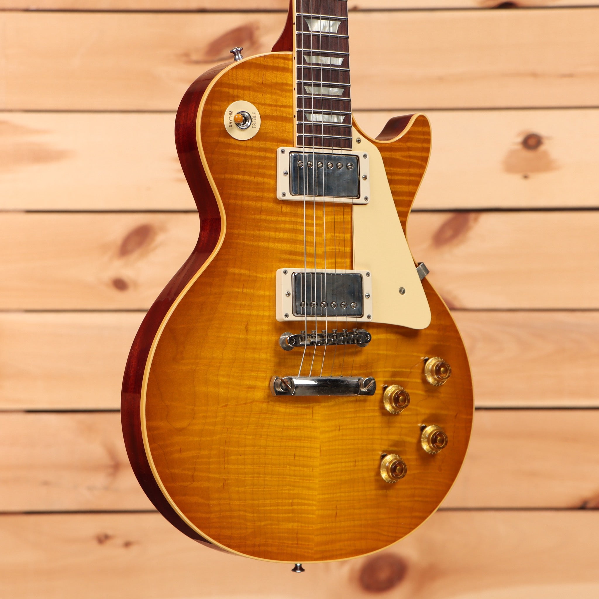Gibson Righteous Reissue 1959 Les Paul Reissue Ultra Light Aged Honey Butter electric guitar with flamed maple top and gold hardware