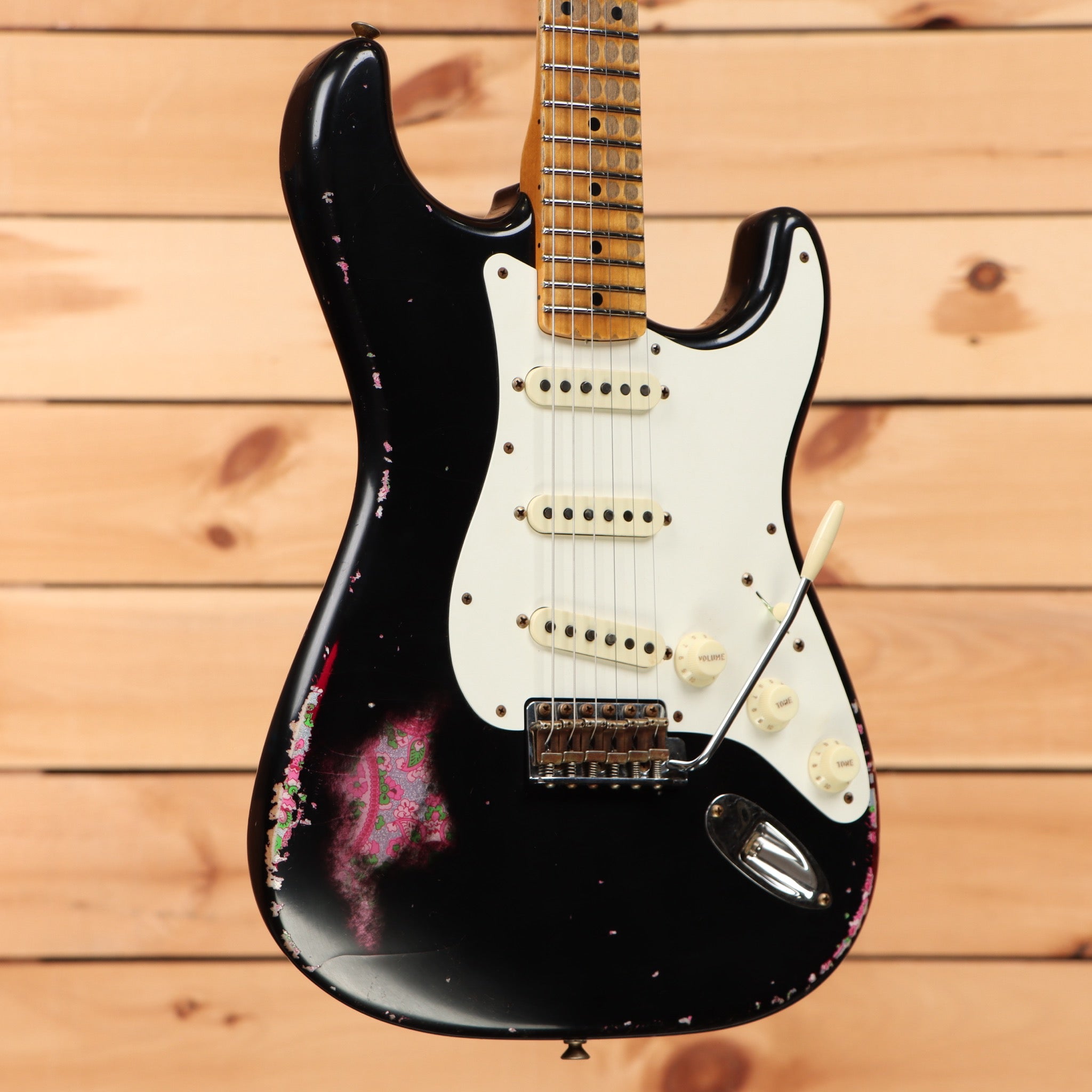 Fender Custom Shop Limited Mischief Maker Heavy Relic electric Stratocaster guitar Aged Black Over Pink Paisley with white pickguard