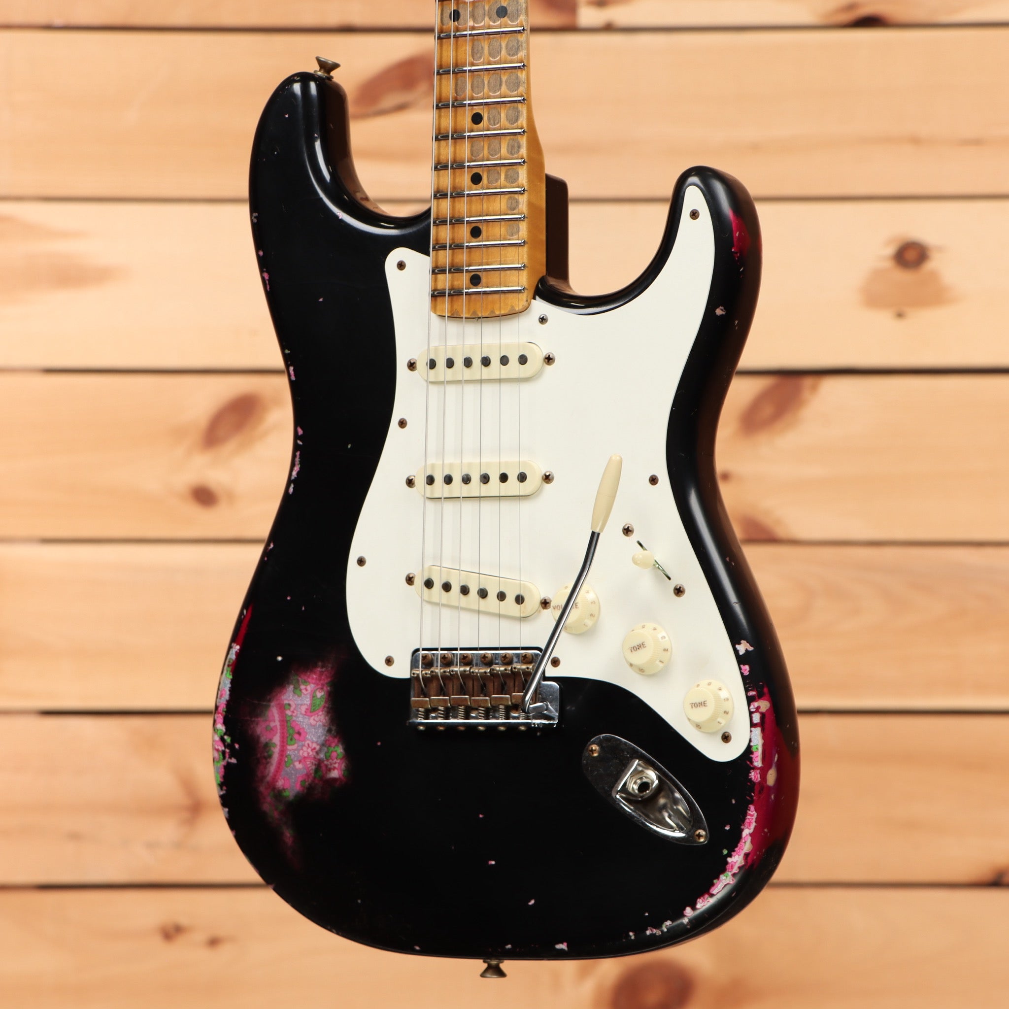 Fender Custom Shop Limited Mischief Maker Heavy Relic electric guitar aged black over pink paisley with white pickguard