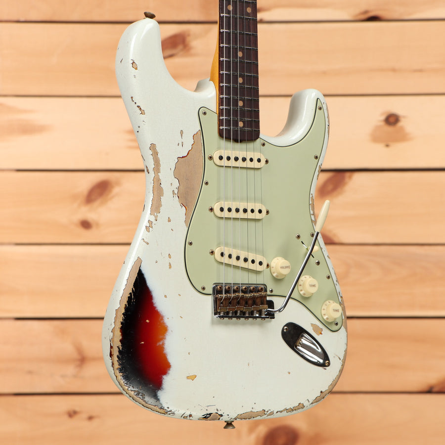 Fender Custom Shop 1960 Stratocaster heavy relic electric guitar Olympic White over 3-color sunburst with single-coil pickups