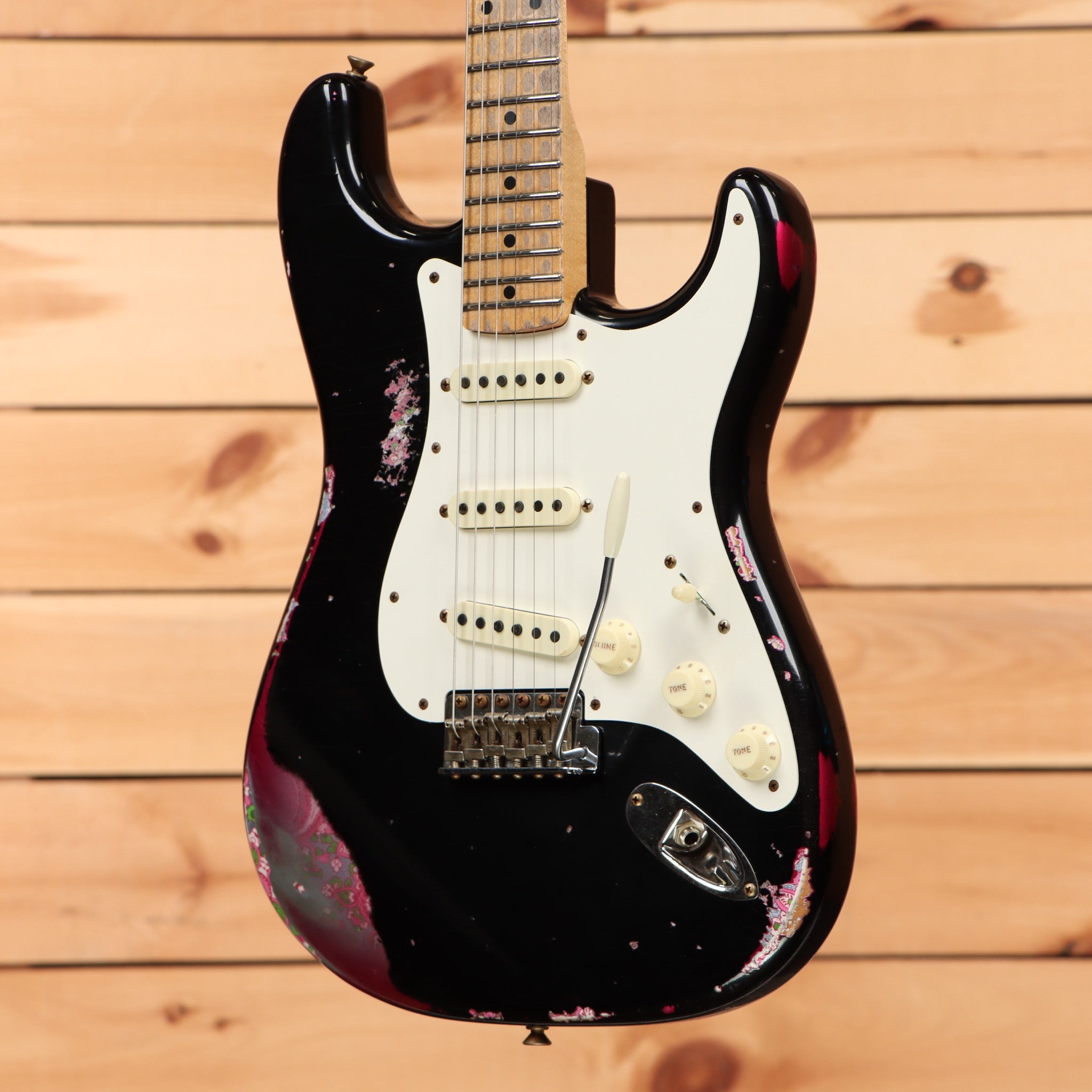 Fender Custom Shop Limited Mischief Maker Heavy Relic Stratocaster electric guitar aged black over pink paisley with white pickguard