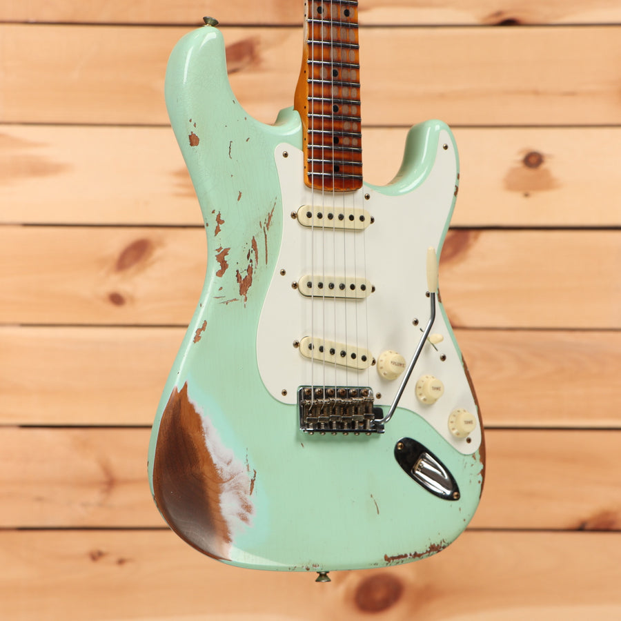 Fender Custom Shop 1957 Stratocaster heavy relic electric guitar aged surf green with single-coil pickups