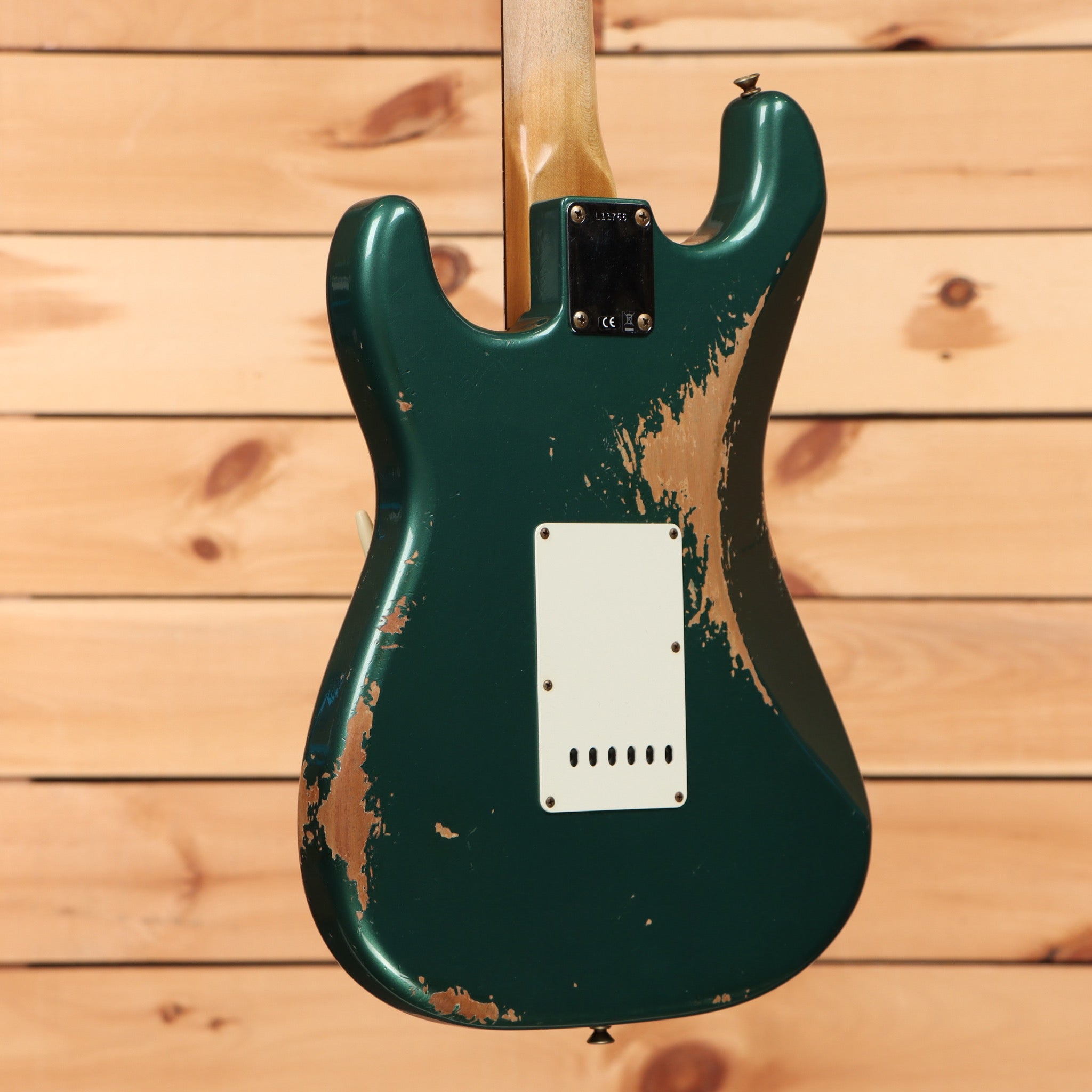 Fender Custom Shop 1964 L-Series Stratocaster heavy relic aged Sherwood Green Metallic electric guitar with white pickguard