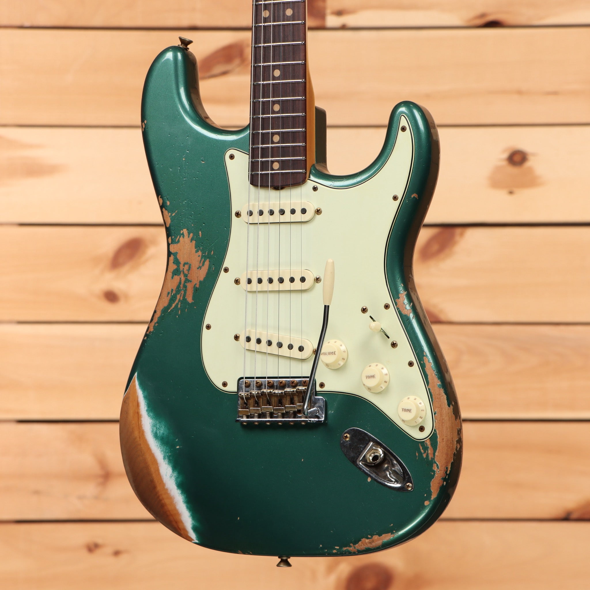 Fender Custom Shop 1964 L-Series Stratocaster heavy relic electric guitar aged Sherwood Green Metallic with single-coil pickups