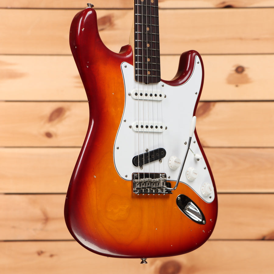 Fender Custom Shop Kyle McMillin Masterbuilt Stratocaster Journeyman Relic Aged Cherry Sunburst electric guitar with white pickguard