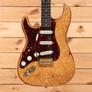 Fender Custom Shop Artisan Maple Burl Stratocaster electric guitar aged natural with tortoiseshell pickguard and single-coil pickups