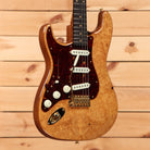 Fender Custom Shop Artisan Maple Burl Stratocaster left-handed electric guitar aged natural with tortoiseshell pickguard and gold hardware