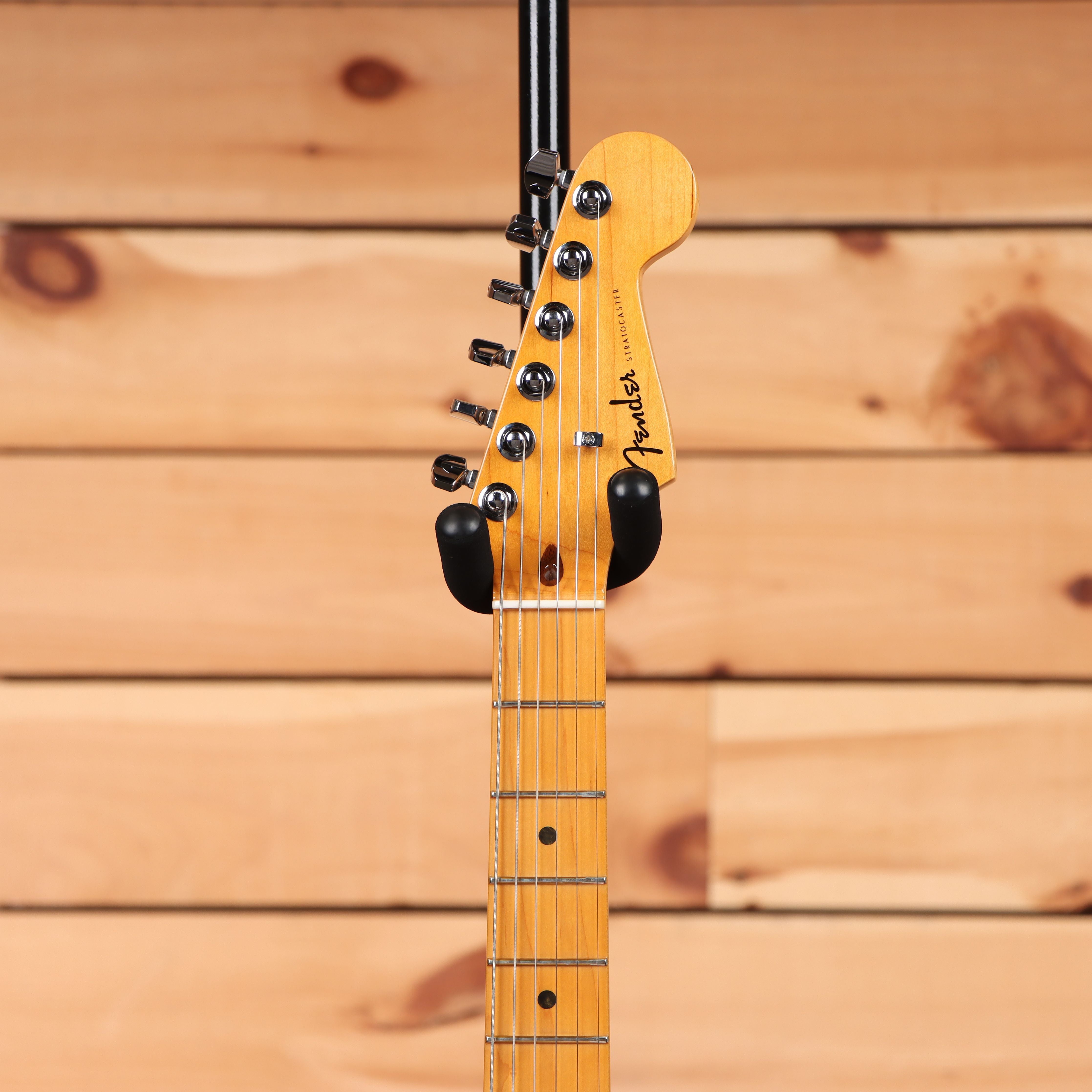 Pre-owned Fender American Ultra Stratocaster electric guitar Cobra Blue with maple neck and single-coil pickups