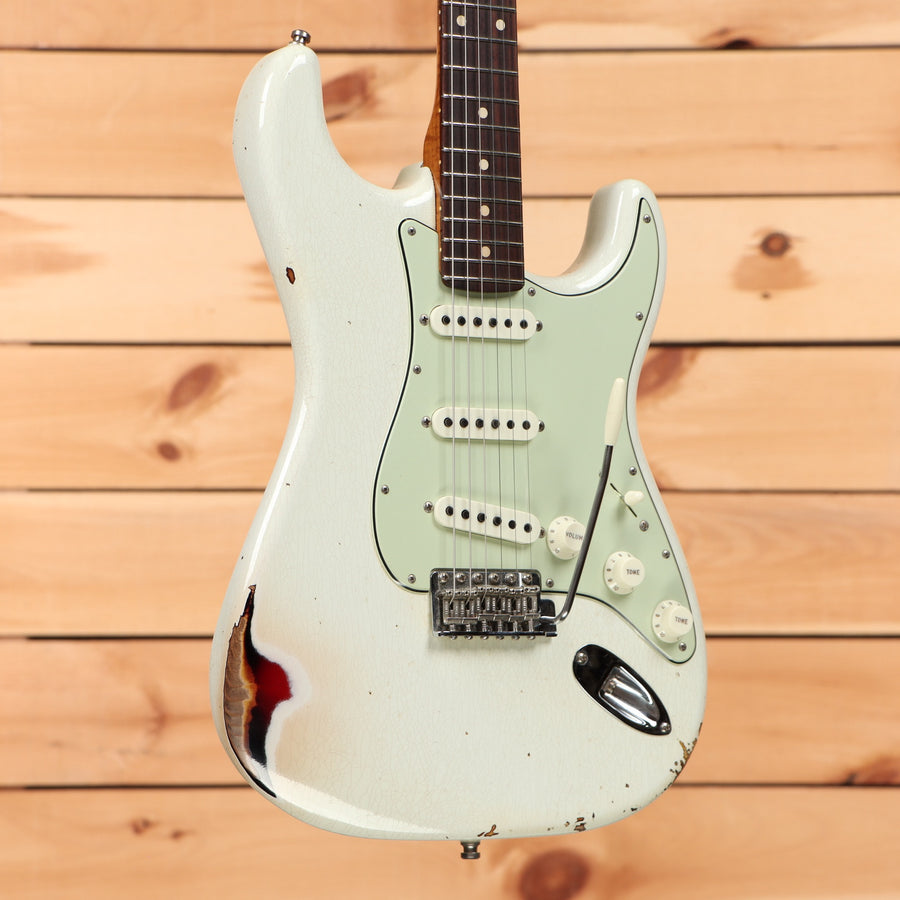Pre-owned Fender Custom Shop Limited Dealer Select 1960 Stratocaster electric guitar Olympic White with mint green pickguard and single-coil pickups