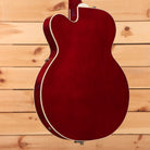 Gretsch Tennessee Rose semi-hollow electric guitar Deep Cherry Stain with white body binding back view