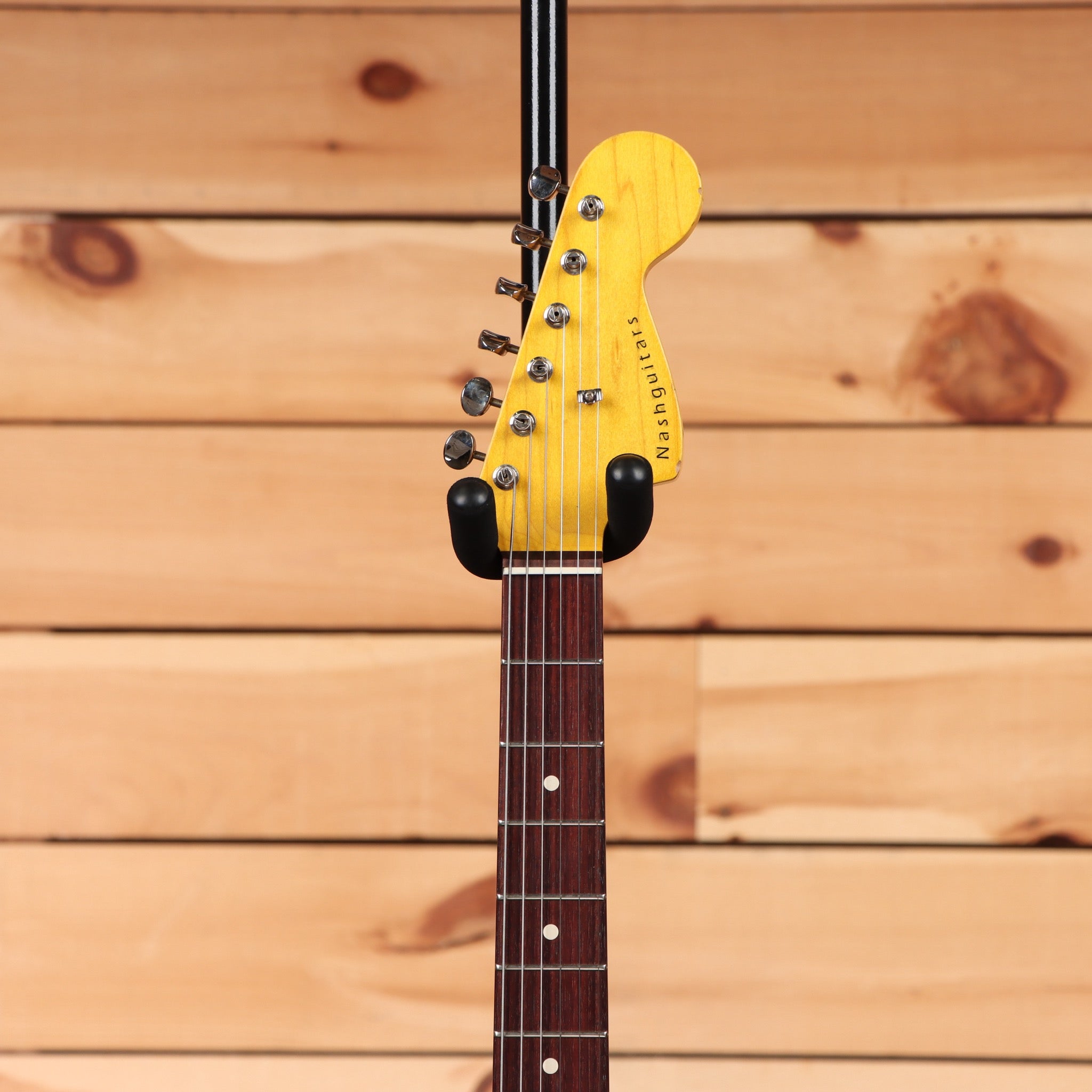 Nash JM63 electric guitar pre-owned black finish yellow headstock rosewood fretboard