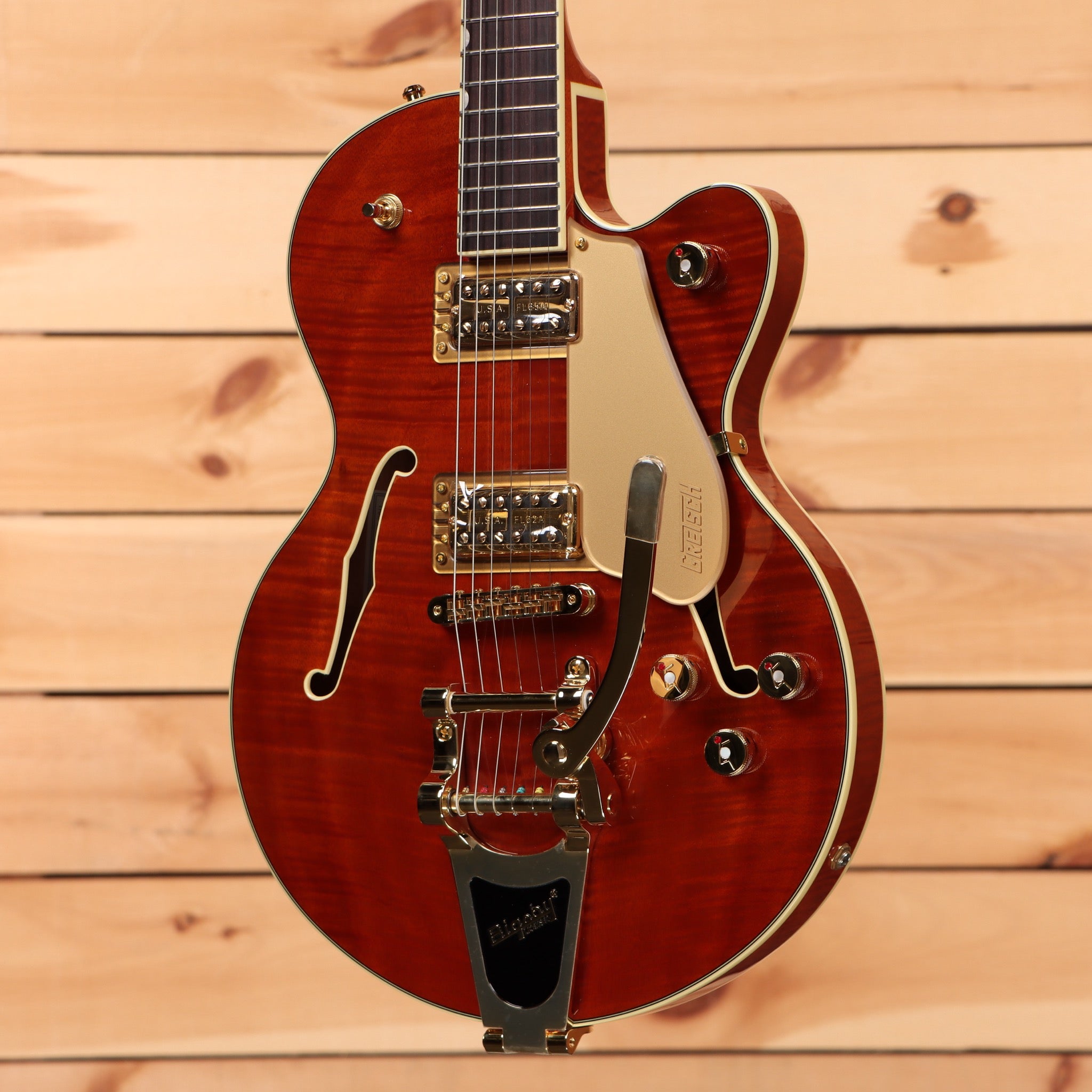 Gretsch Limited Electromatic Flame Okoume Broadkaster Jr semi-hollow electric guitar Roundup Orange Stain with Bigsby tremolo