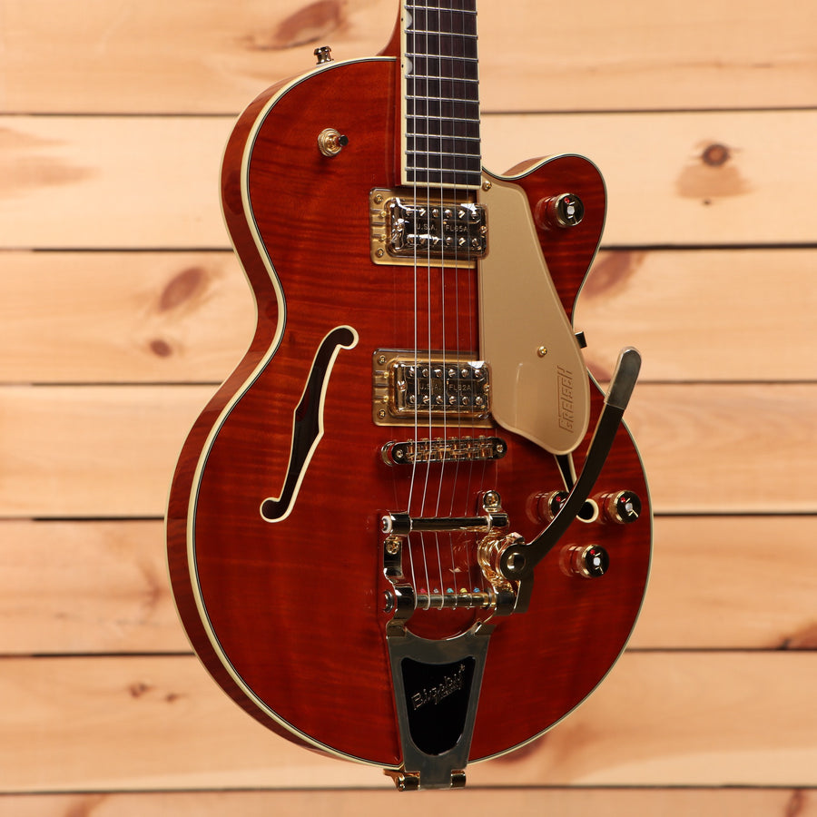 Gretsch Limited Electromatic Flame Okoume Broadkaster Jr semi-hollow electric guitar Roundup Orange Stain with Bigsby tremolo