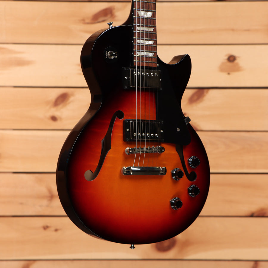 Pre-owned Gibson Memphis ES Les Paul semi-hollow electric guitar sunburst with f-holes and dual humbuckers