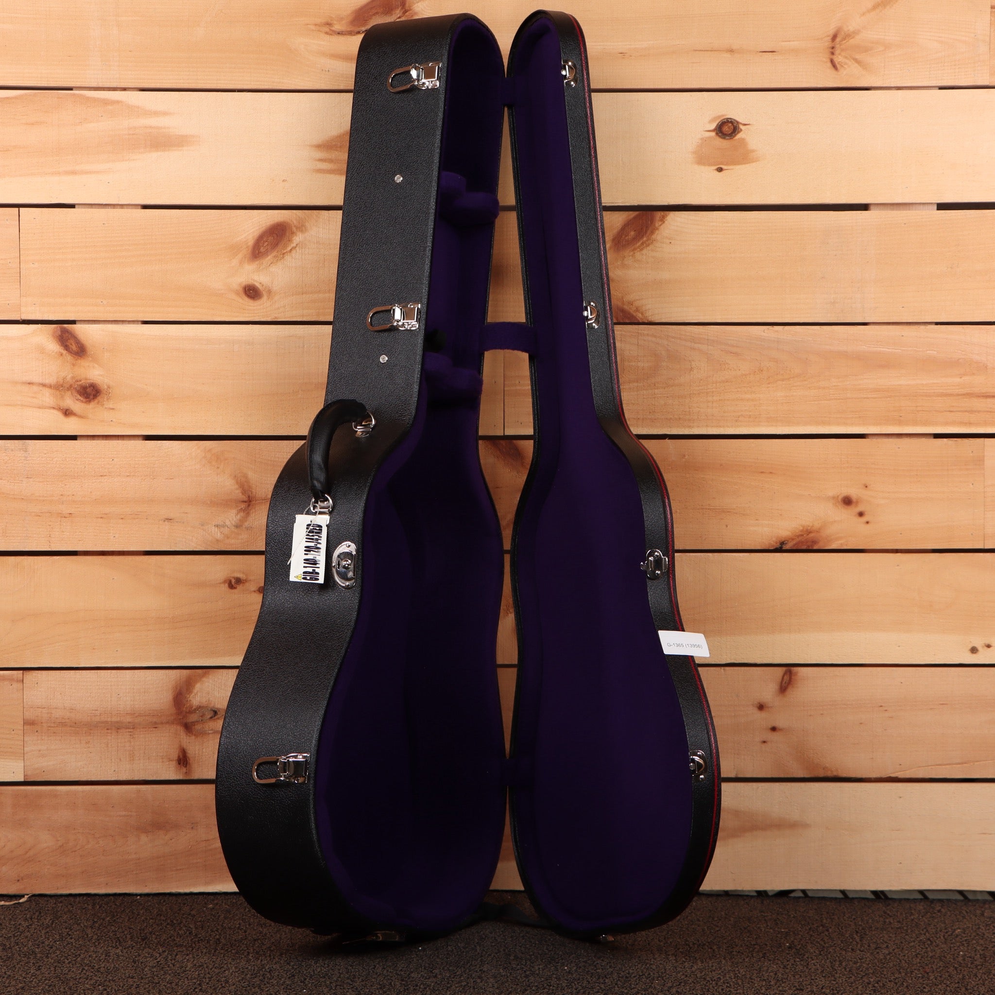 Gibson J-45 vintage sunburst acoustic guitar hard case with purple plush interior and metal latches