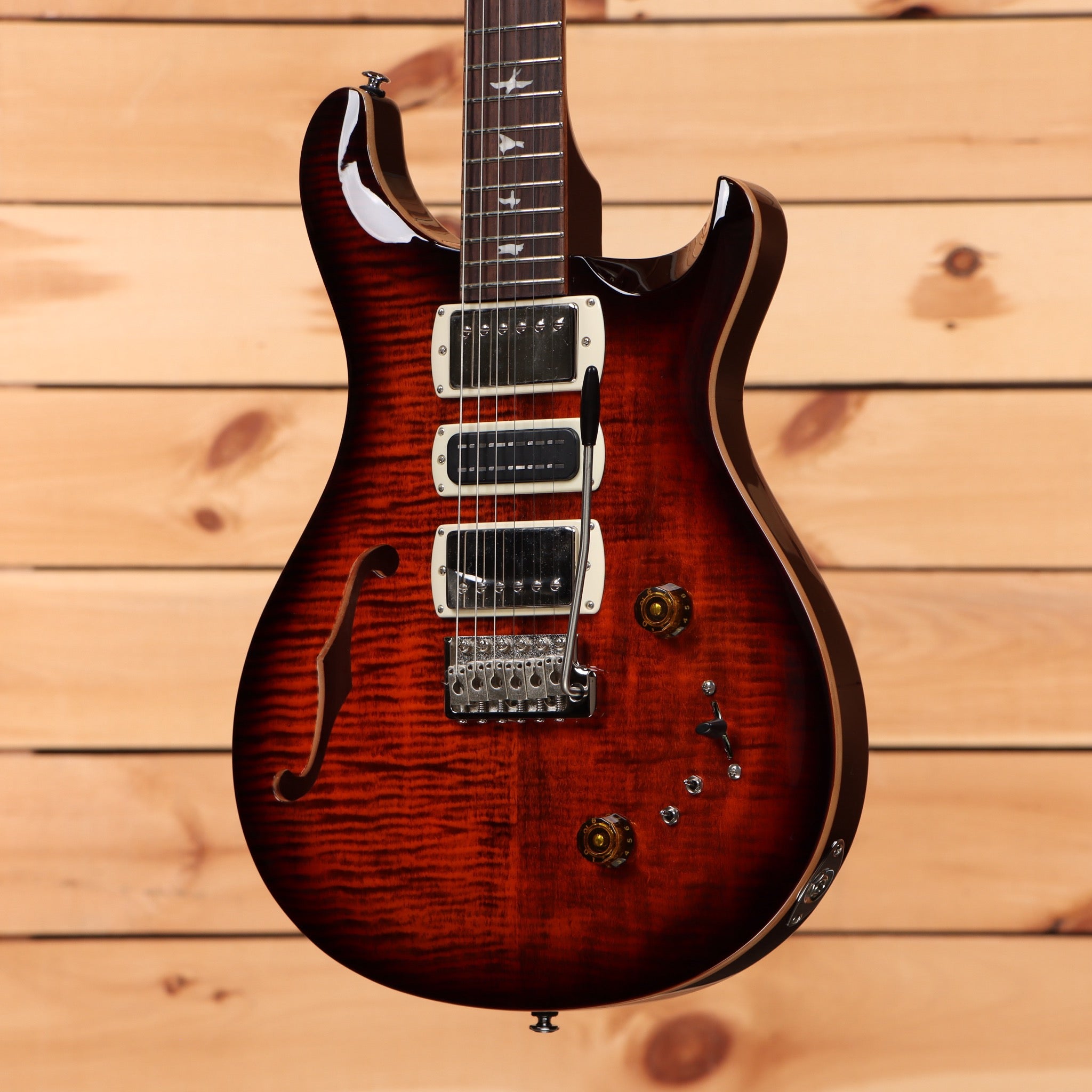 Paul Reed Smith SE Special semi-hollow electric guitar Orange Tiger Smokeburst with white humbucker pickups