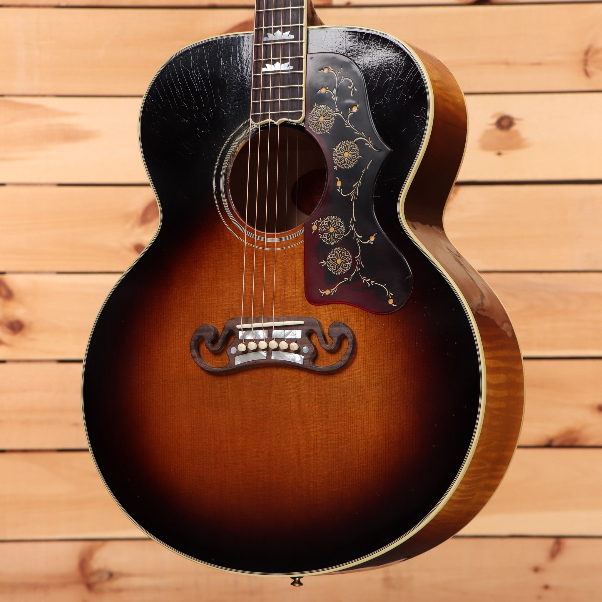 Gibson 1957 SJ200 jumbo acoustic guitar light aged vintage sunburst with ornate pickguard inlay