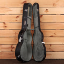Eastman E60OMTC natural acoustic guitar hardcase with gray plush interior and chrome hardware