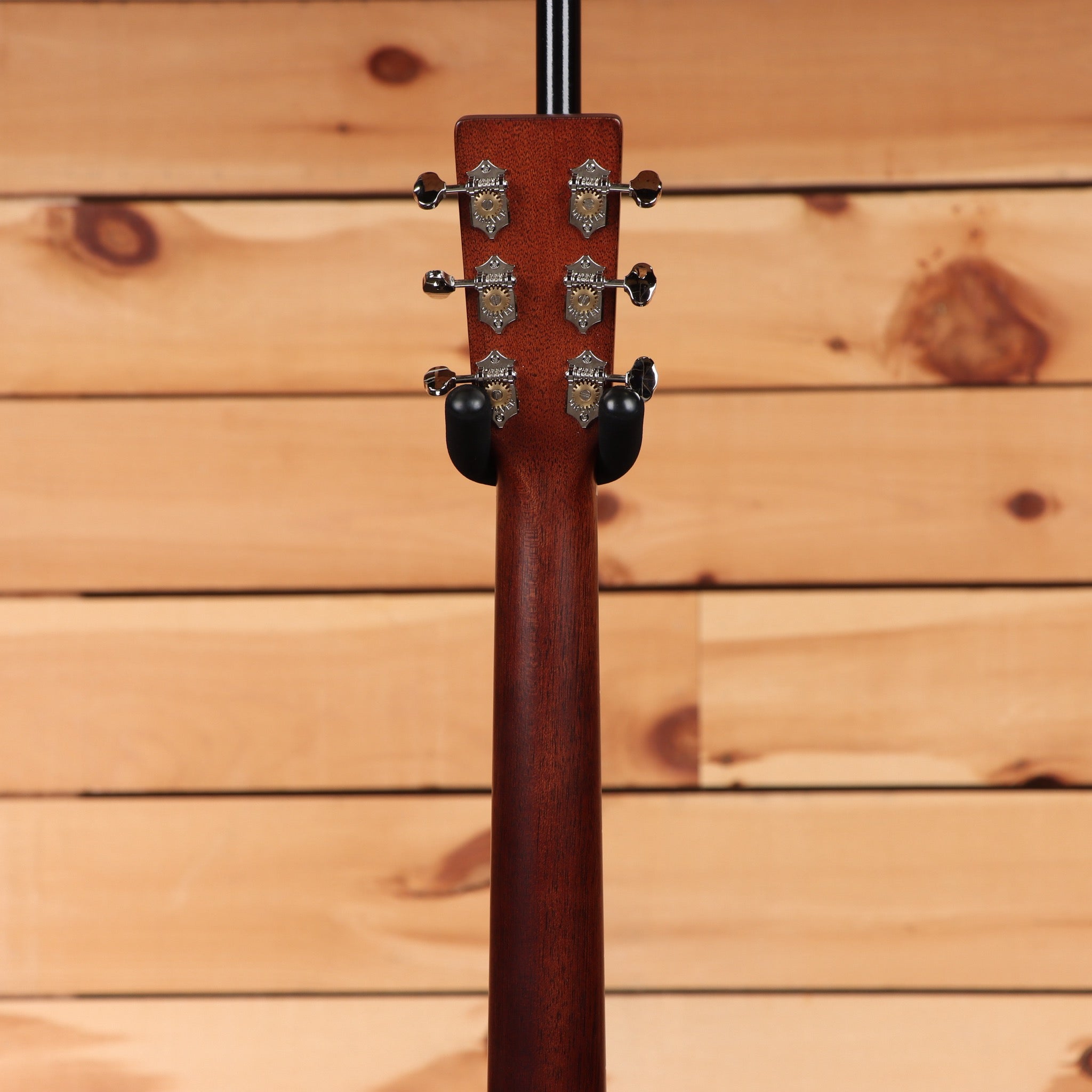 Martin DE Retro Plus acoustic-electric guitar Aging Toner mahogany neck rear headstock view with chrome tuners