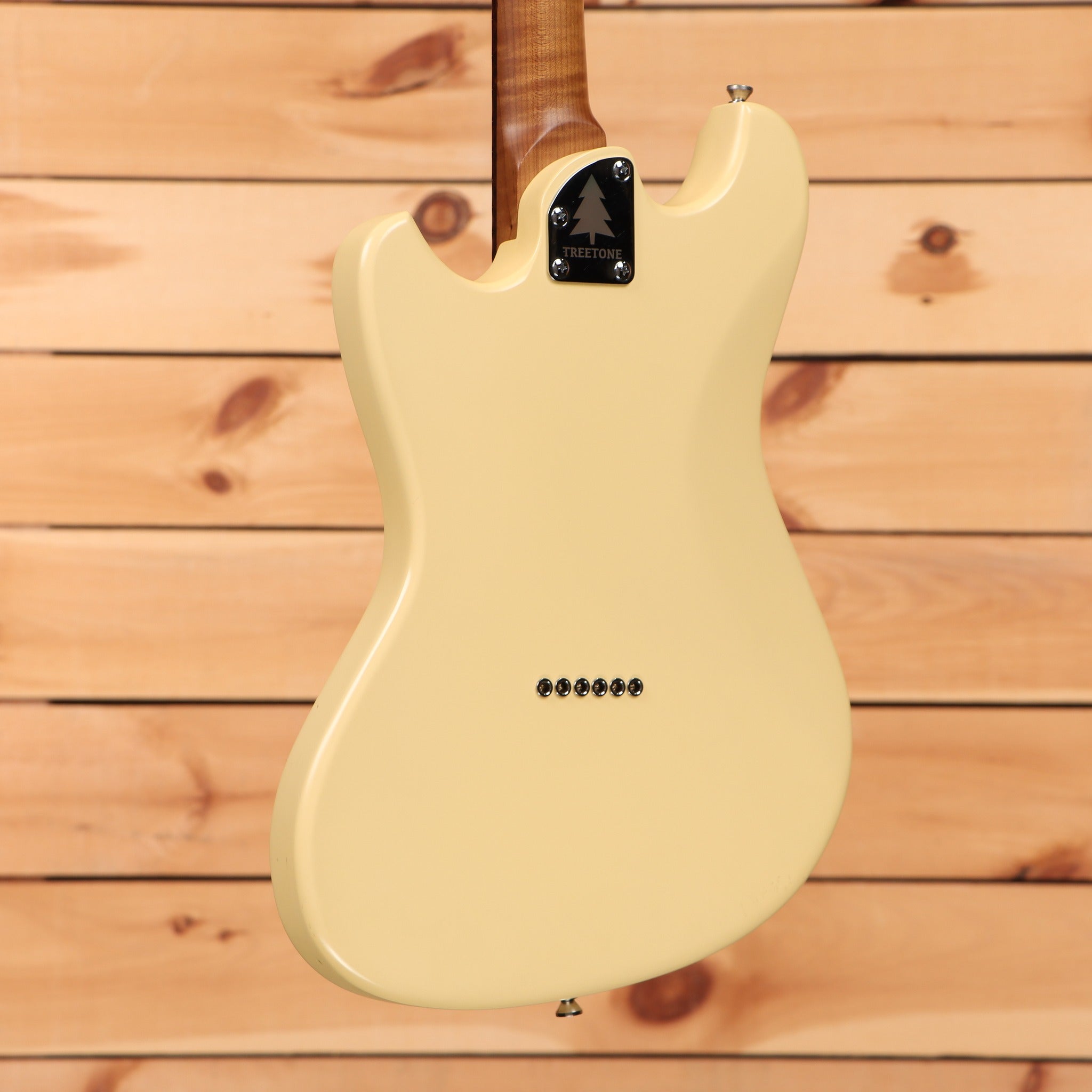 Treetone Stella electric guitar Vintage White Telecaster-style body with roasted maple neck shown from rear