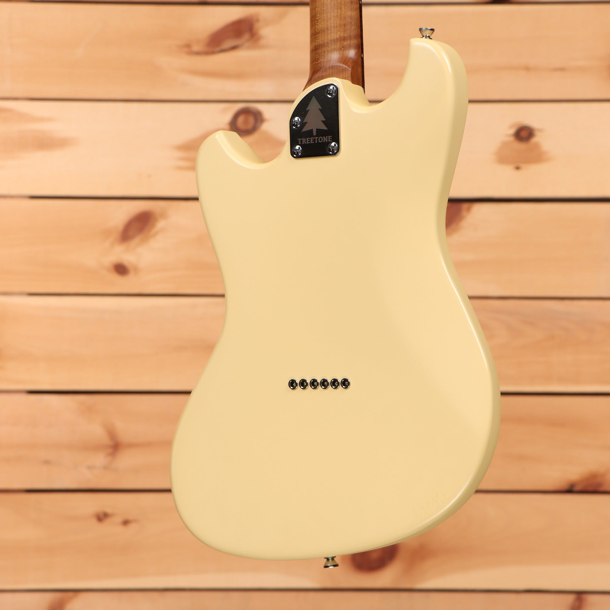 Treetone Stella electric Mustang-style guitar Vintage White finish with roasted maple neck rear view