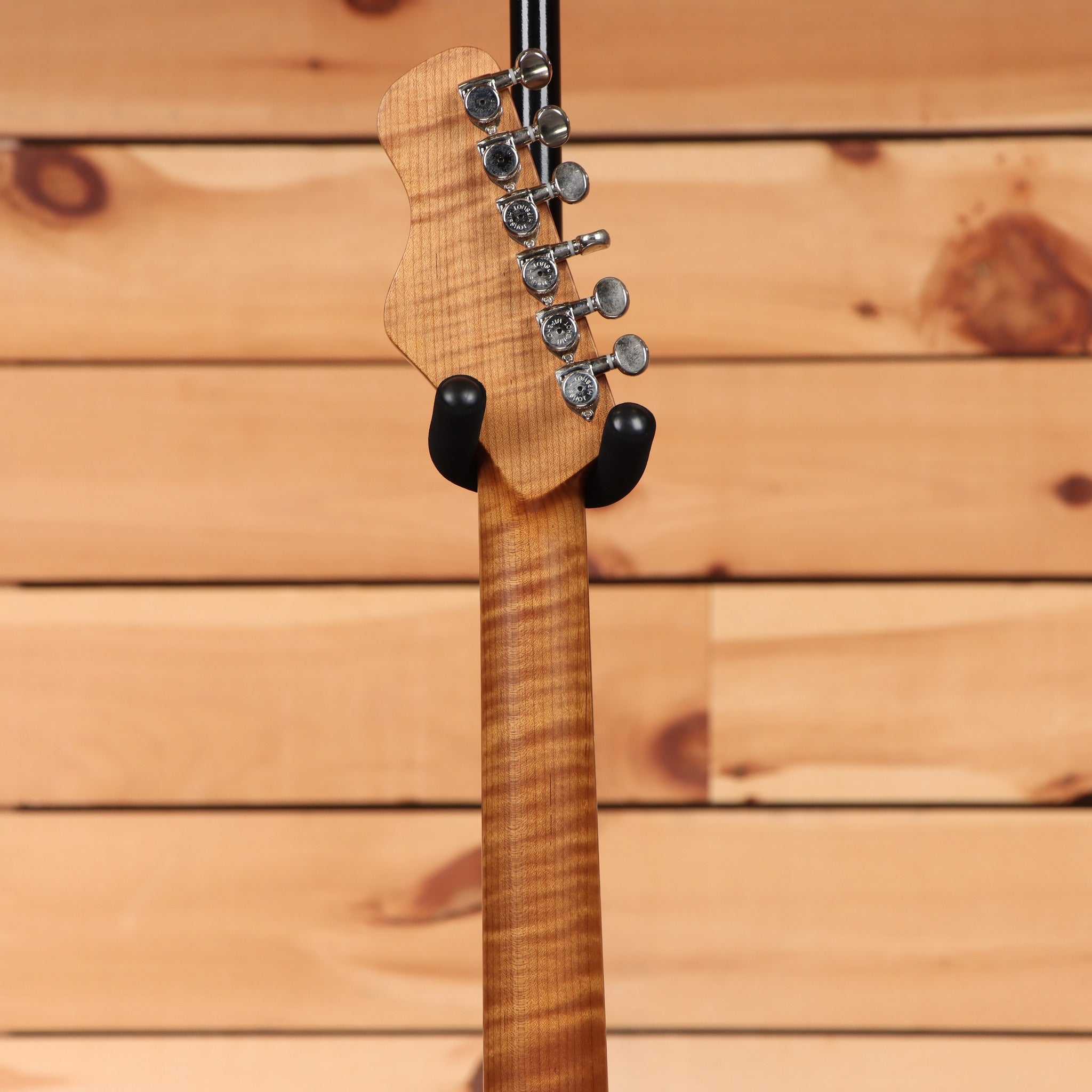 Treetone Stella electric guitar Vintage White with flamed maple neck and chrome tuners rear headstock view