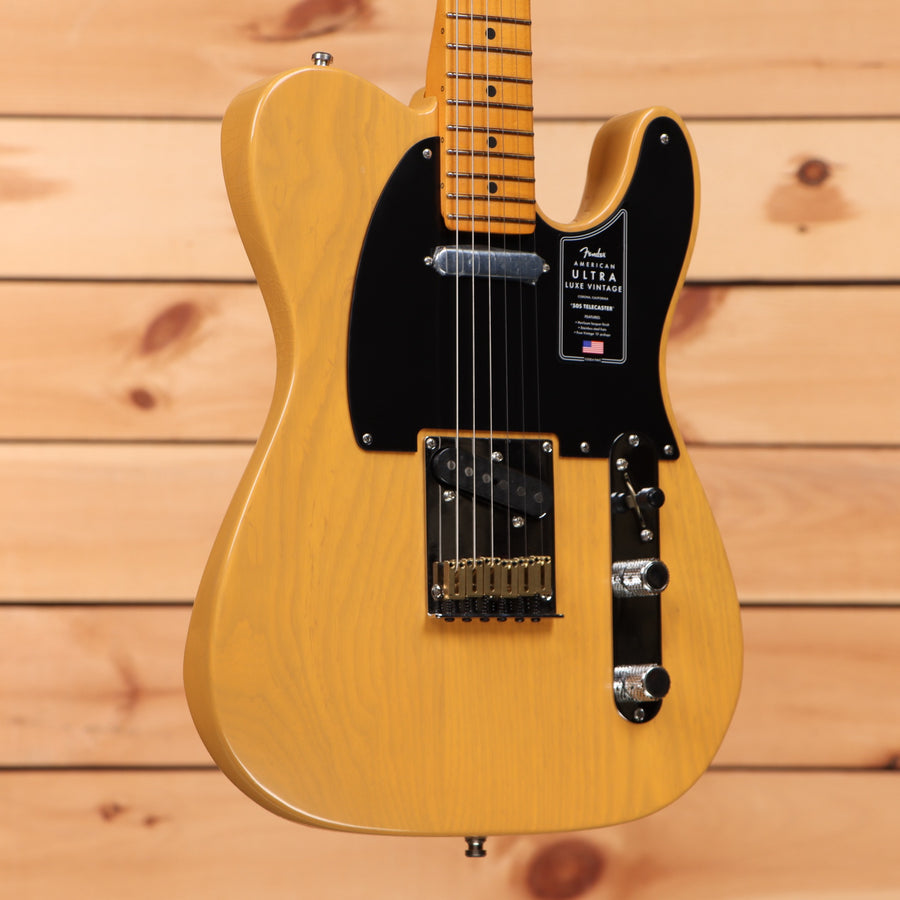 Fender American Ultra Luxe 50s Telecaster electric guitar Butterscotch Blonde with black pickguard