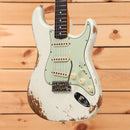 Pre-owned Fender Custom Shop 1960 Stratocaster electric guitar Heavy Relic Aged Olympic White with single-coil pickups