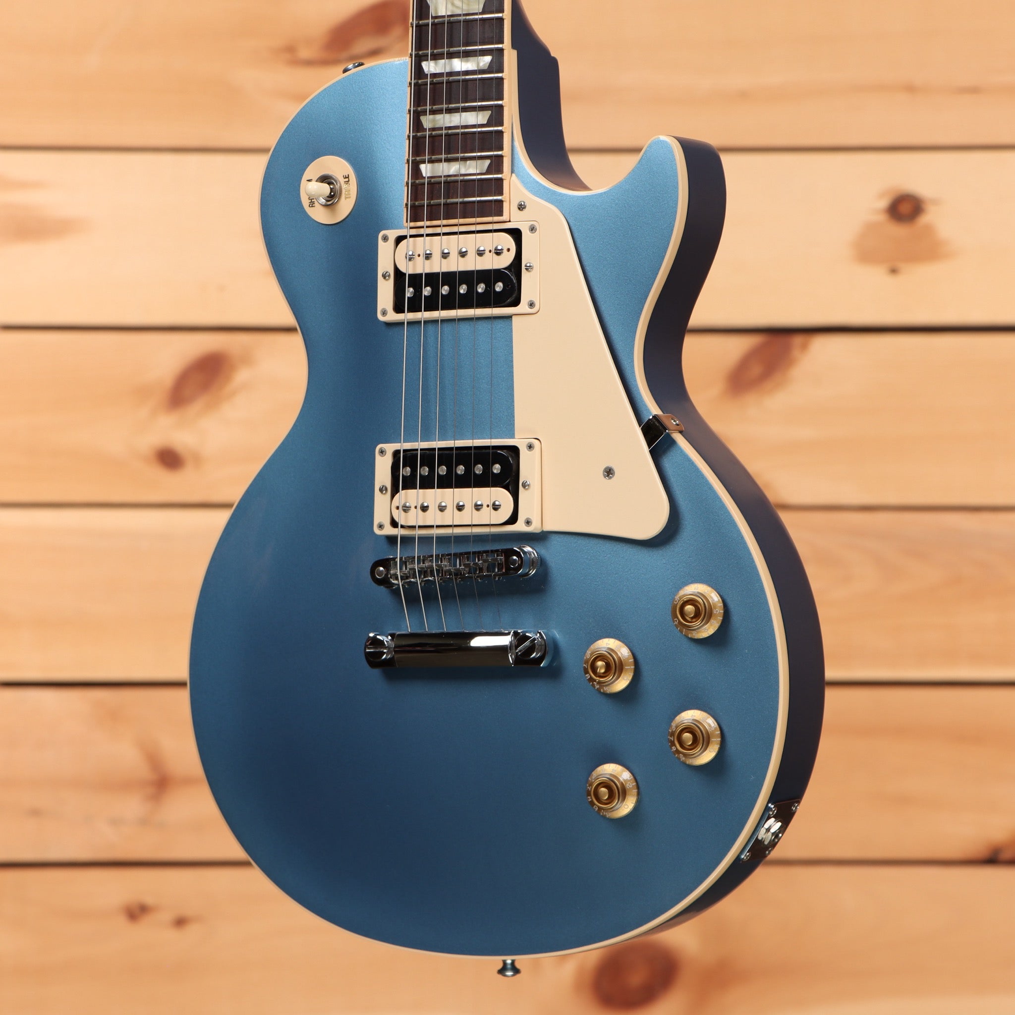 Gibson Les Paul electric guitar pelham blue finish with dual humbucker pickups and gold hardware