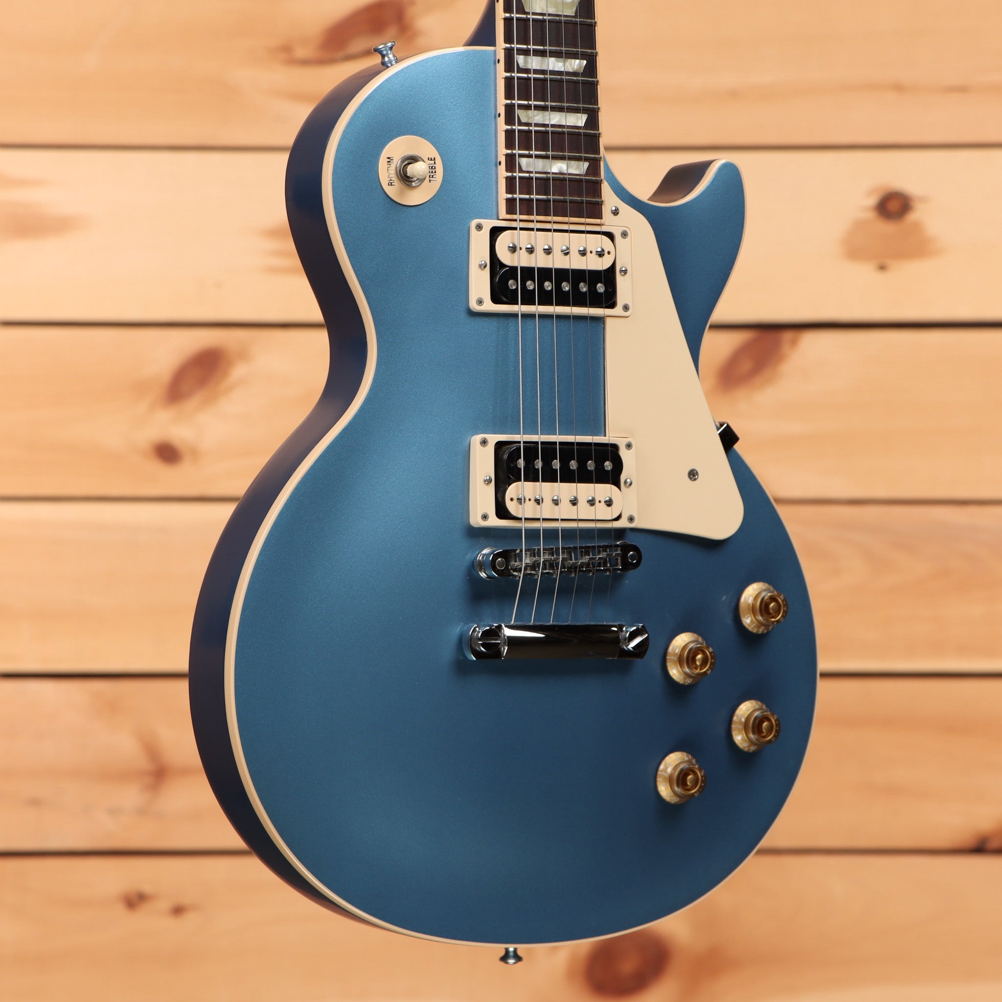 Gibson Les Paul Studio electric guitar pelham blue finish with humbucker pickups and cream pickup rings
