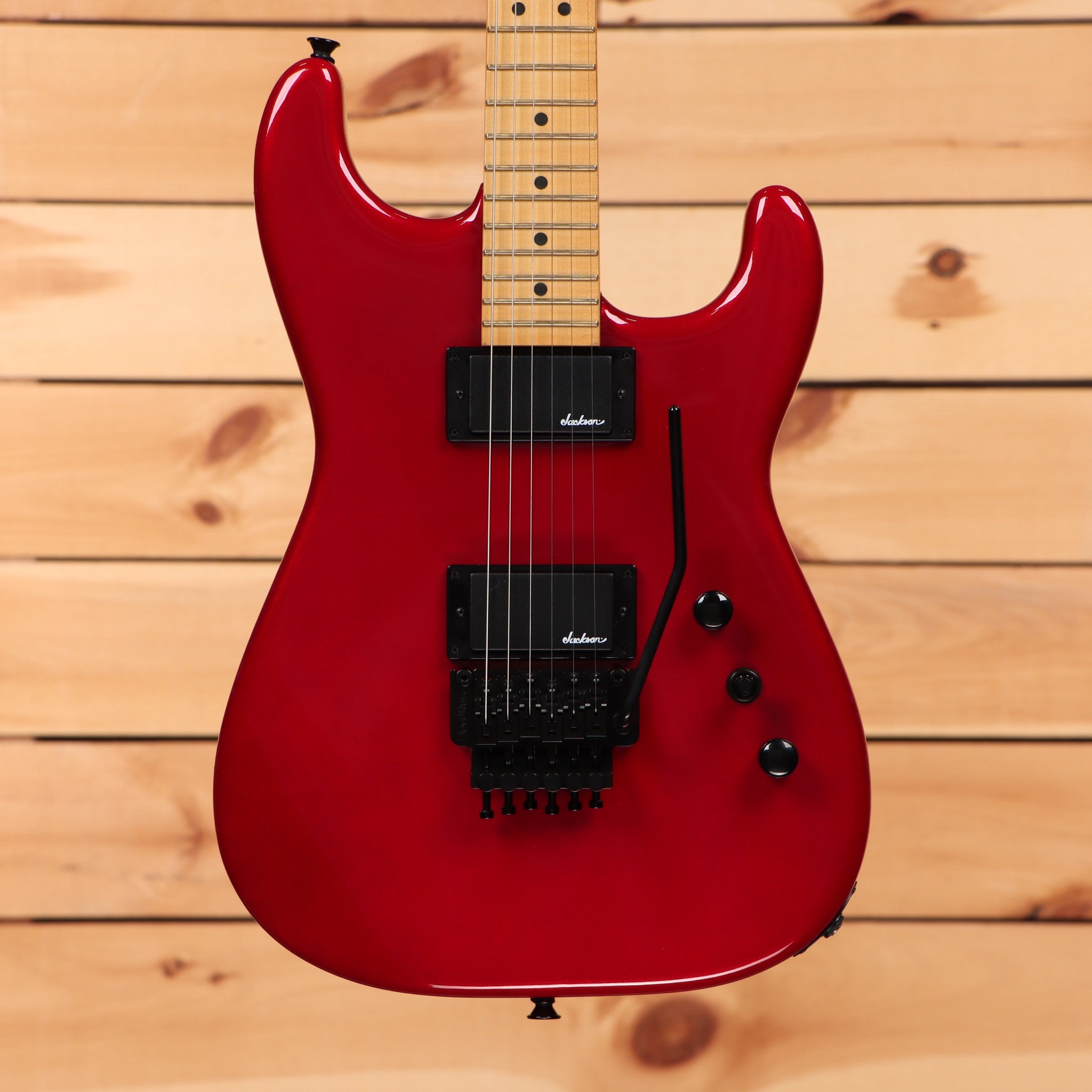 Jackson Pro Origins 1985 San Dimas SD1 HH FR electric guitar Candy Apple Red with dual humbuckers and Floyd Rose tremolo