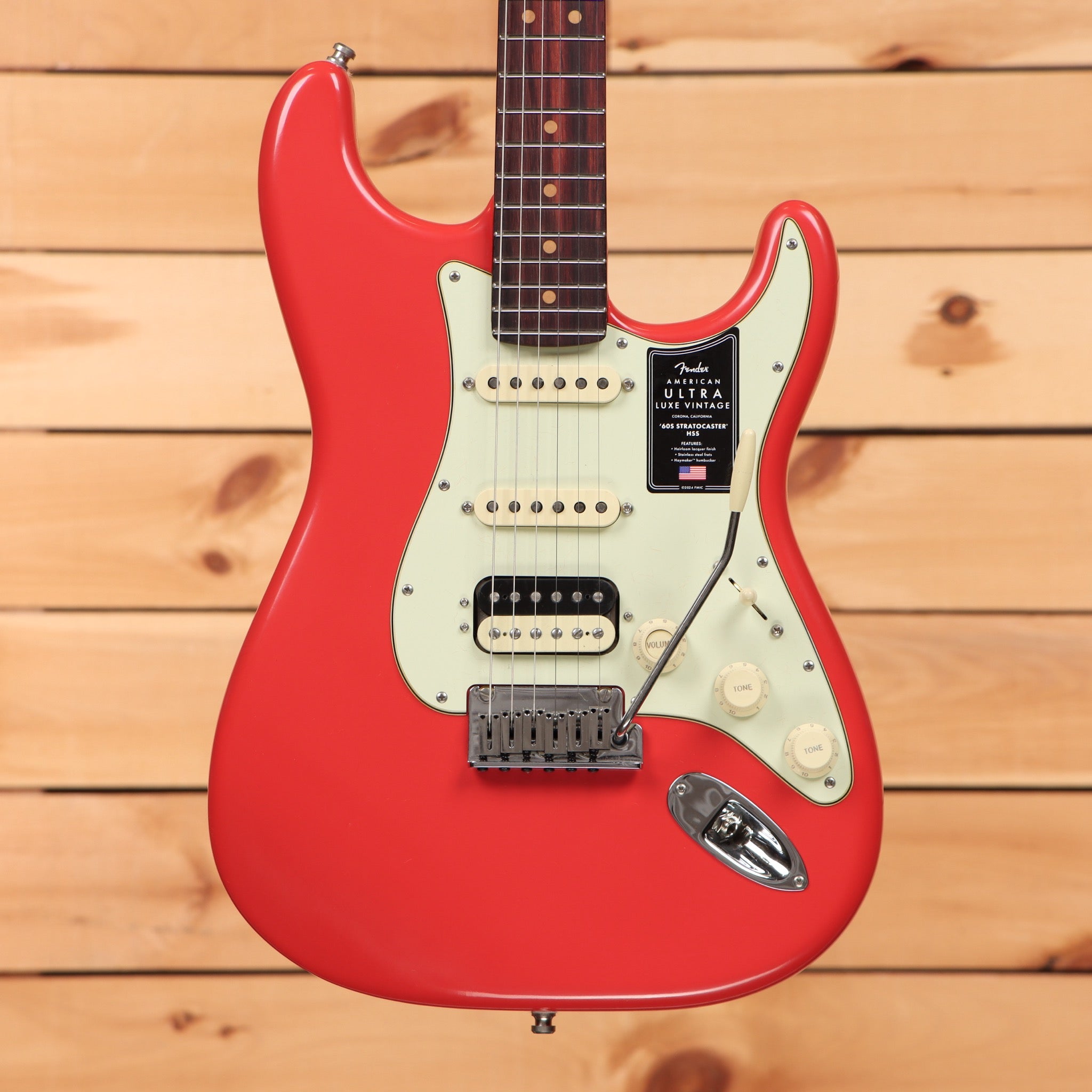 Fender American Ultra Luxe Vintage 60s Stratocaster HSS electric guitar Fiesta Red with cream pickguard and tremolo bridge