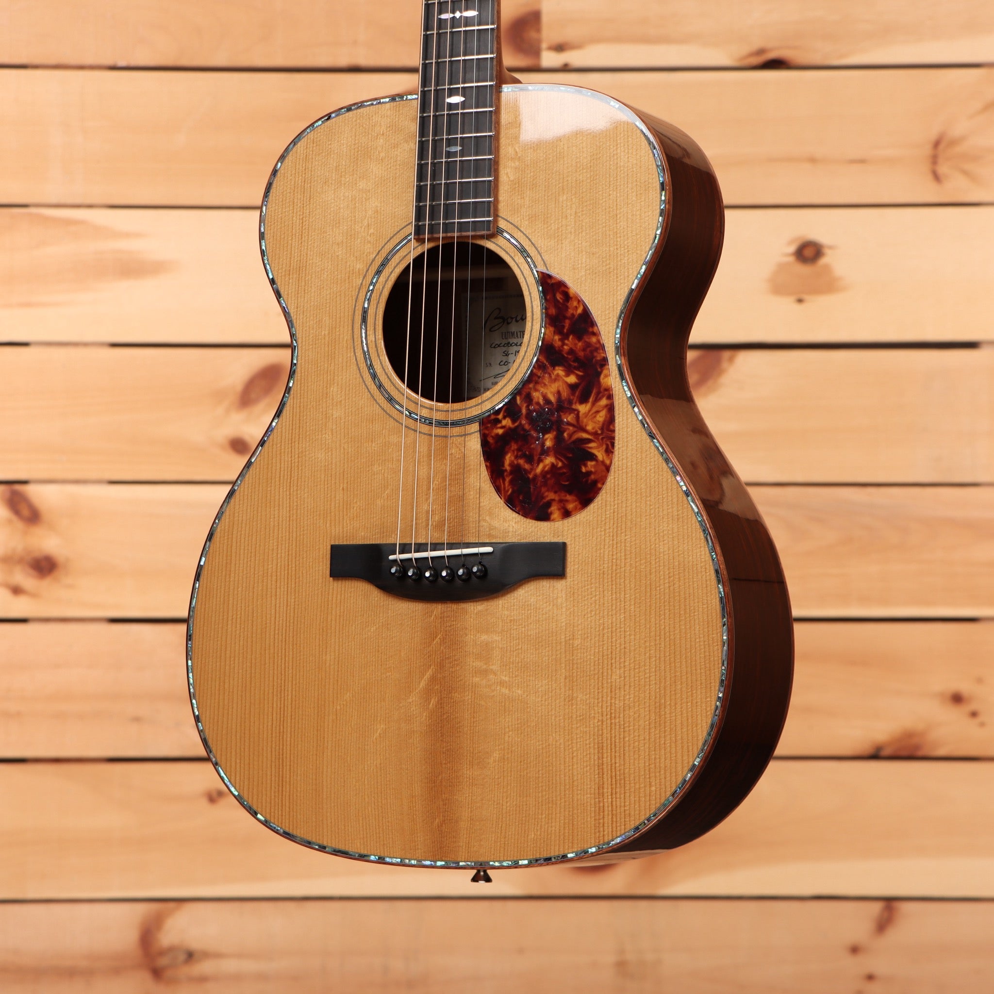 Boucher SG181UV pre-owned acoustic guitar natural finish with tortoiseshell pickguard and blue binding