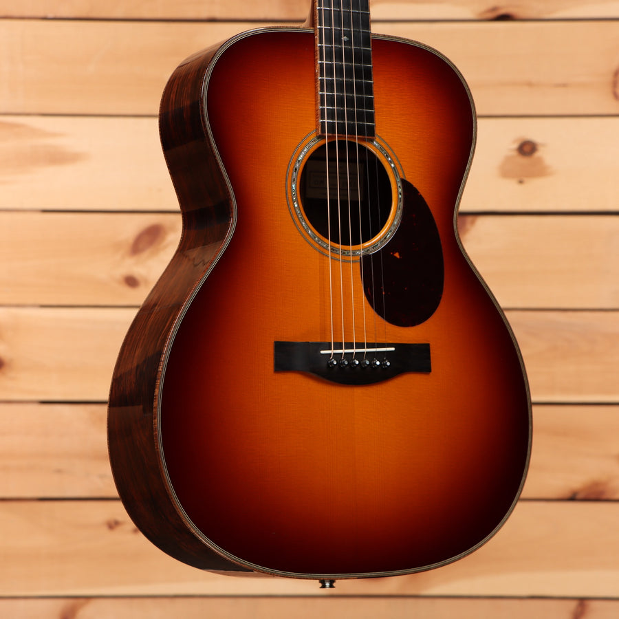 Santa Cruz OM Custom pre-owned acoustic guitar sunburst finish with decorative rosette ring