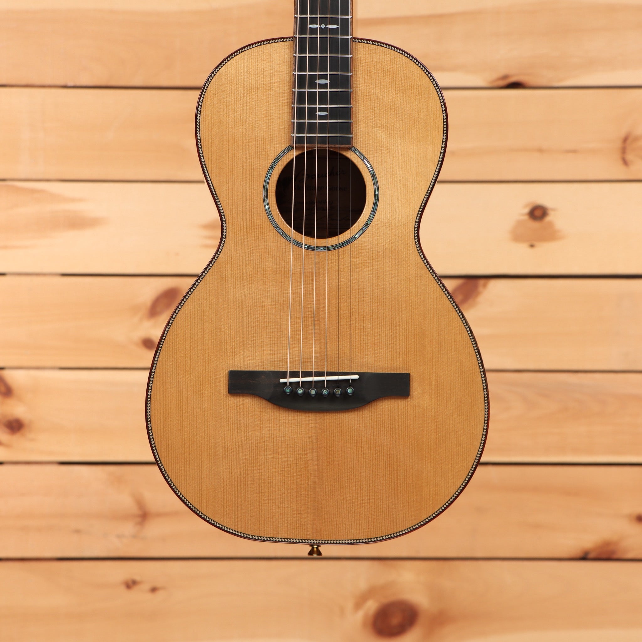 Boucher HG144U natural concert acoustic guitar with rosewood binding and black pickguard