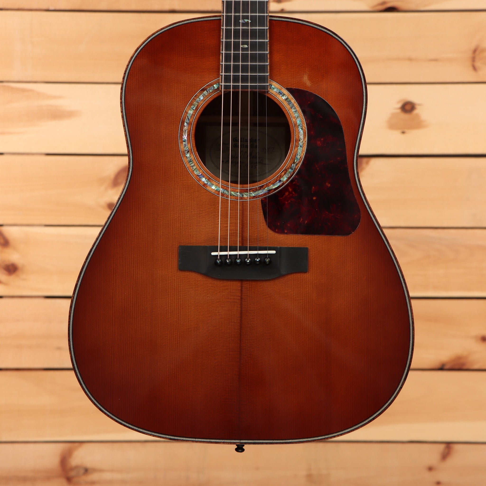 Gallagher SG70 Custom dreadnought acoustic guitar Whiskey Sunburst with decorated rosette and black pickguard
