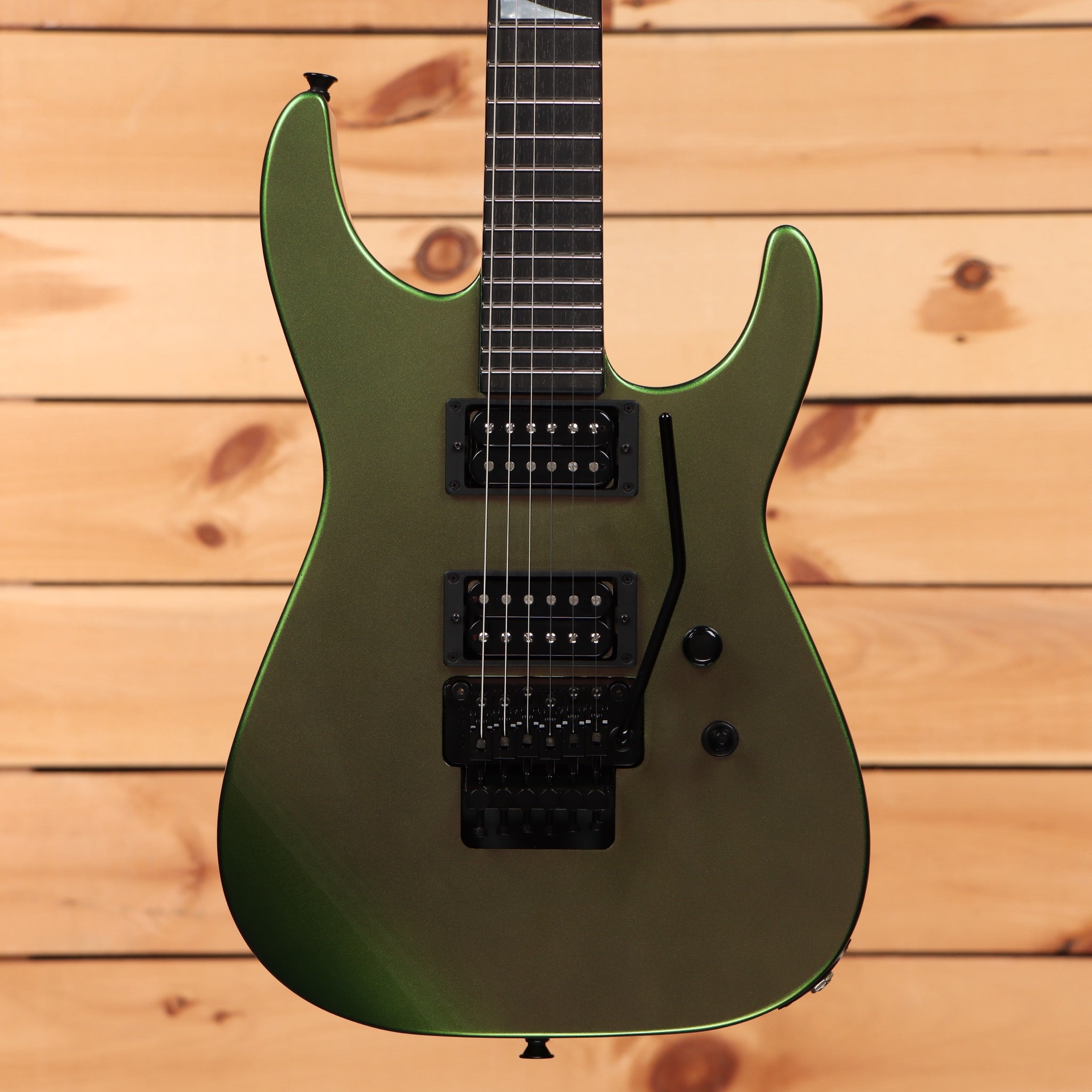 Jackson Righteous Run Custom Soloist electric guitar Purple to Green Shift with dual humbuckers and black Floyd Rose tremolo