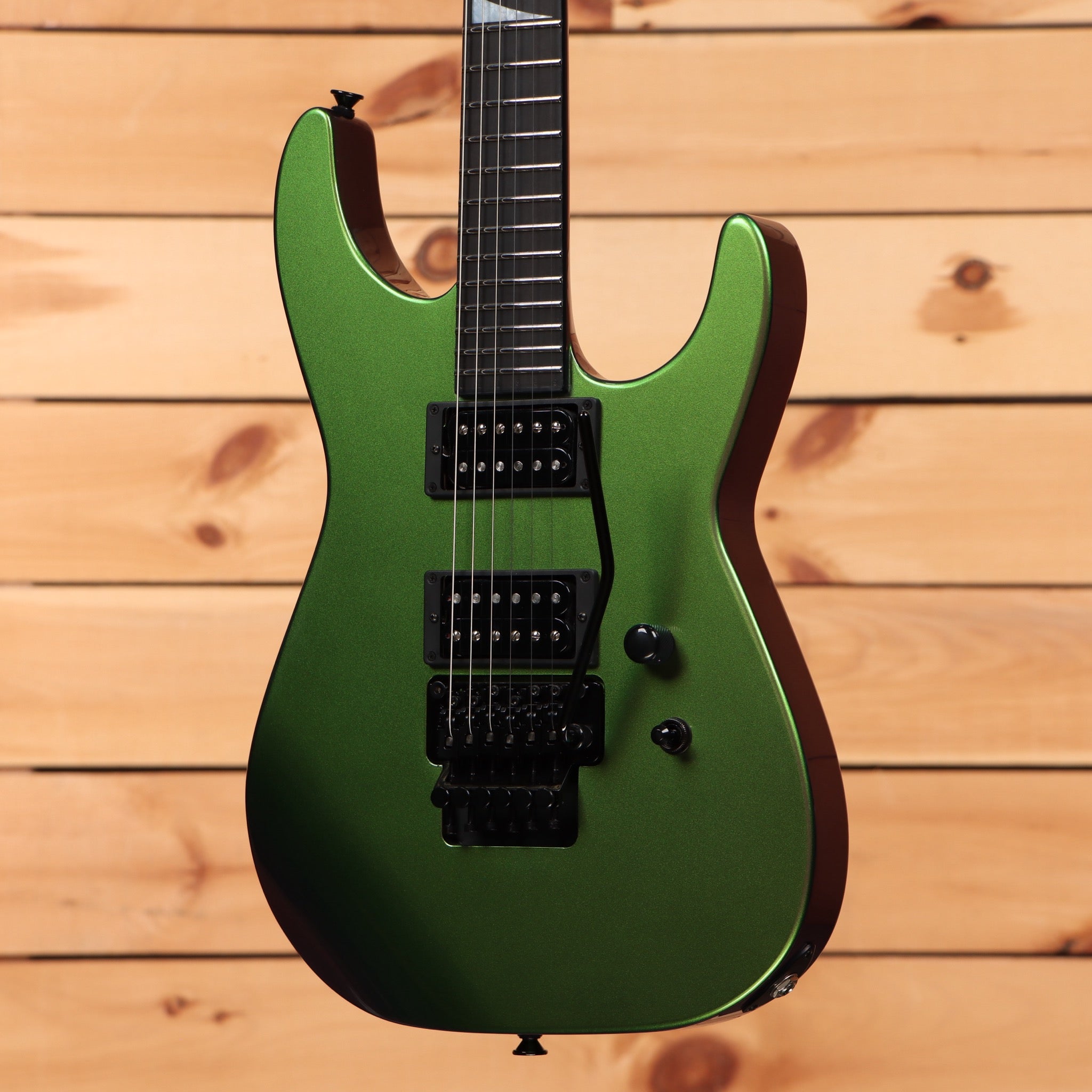 Jackson Righteous Run Custom Soloist electric guitar Purple to Green Shift finish with dual humbuckers and black hardware