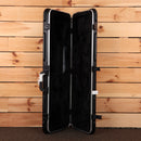 Jackson Righteous Run Custom Soloist guitar hard case open showing black plush interior and ABS molded shell with latches