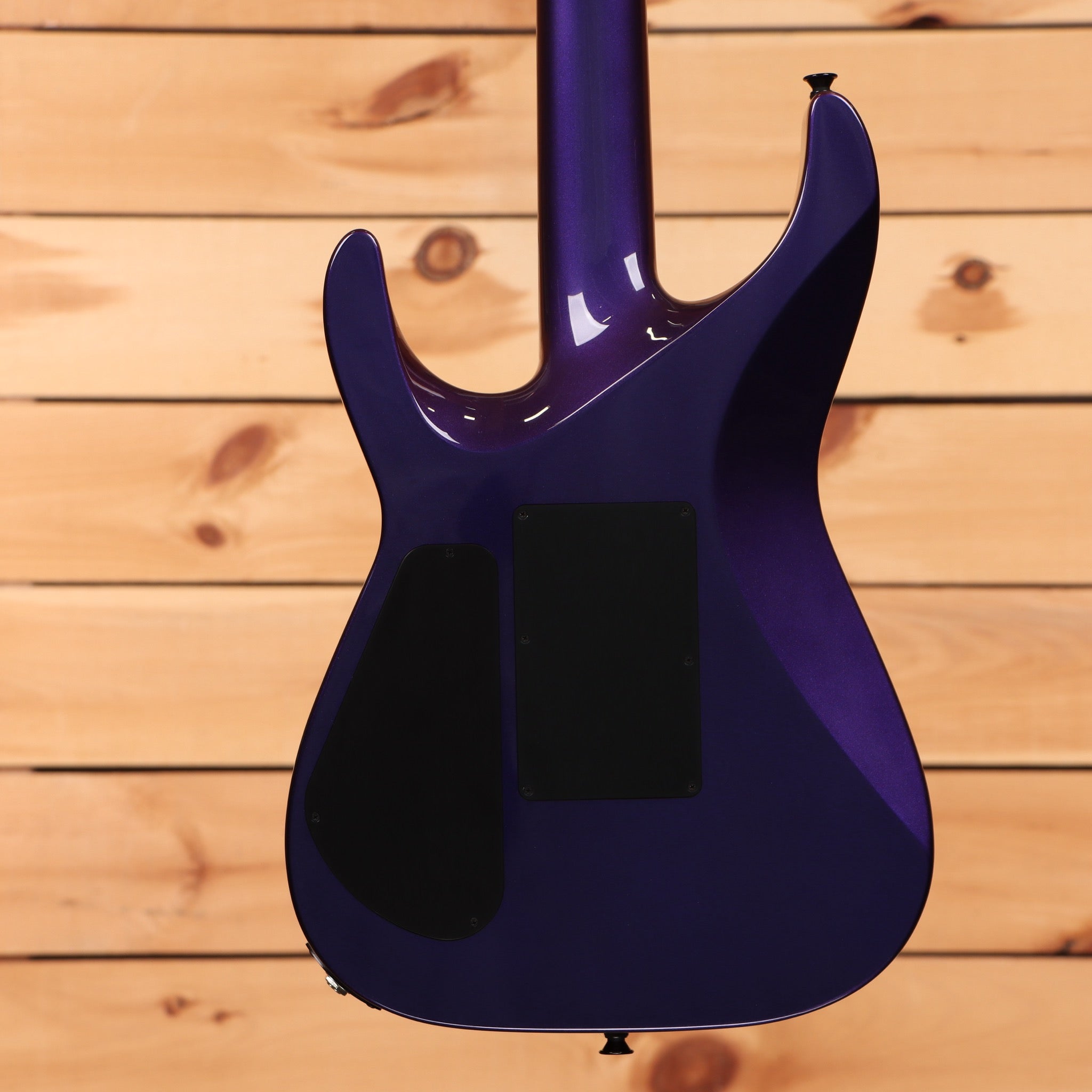 Jackson Righteous Run Custom Soloist electric guitar Red to Blue Shift finish with black control cavity covers rear view