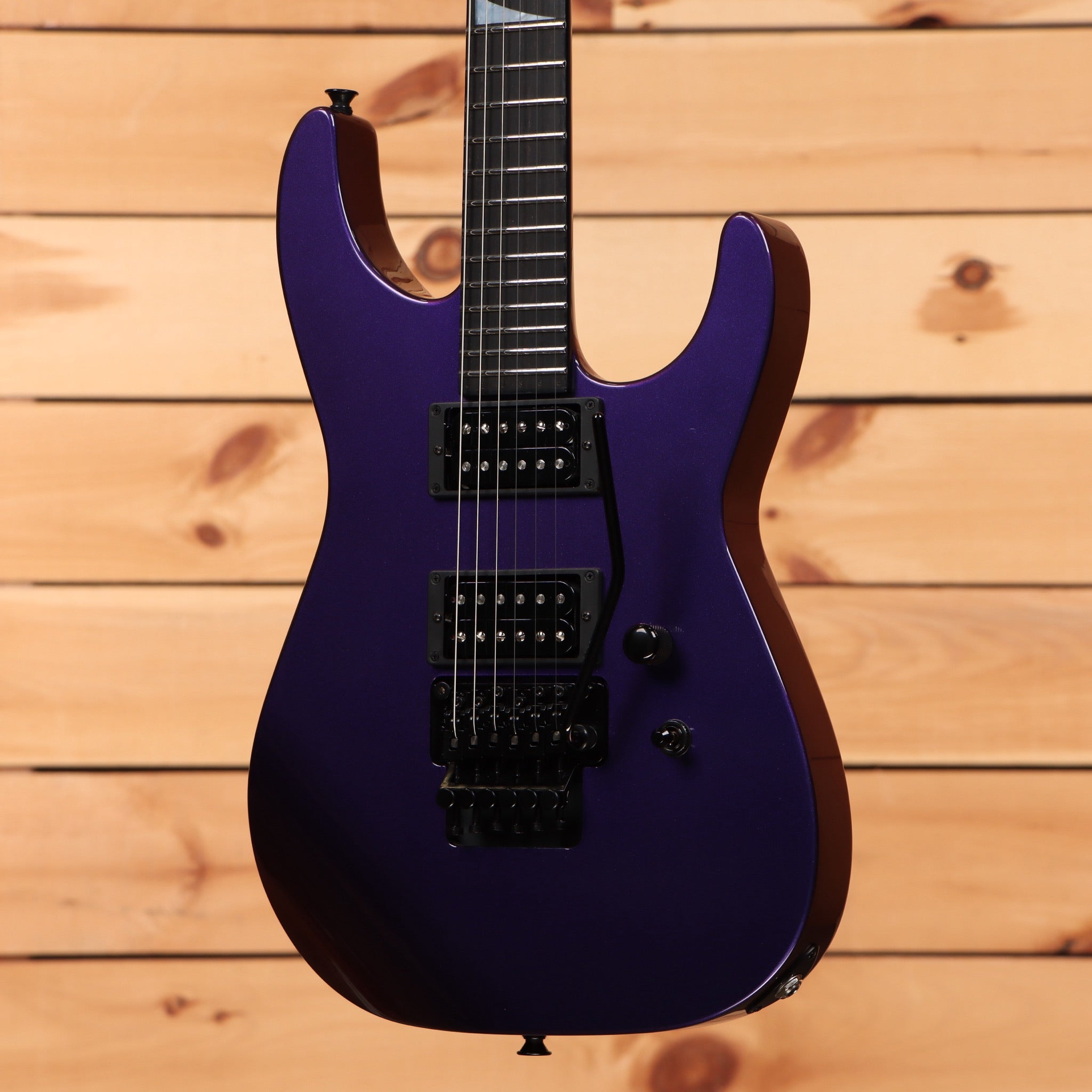 Jackson Righteous Run Custom Soloist electric guitar Red to Blue Shift finish with dual humbuckers and floyd rose tremolo