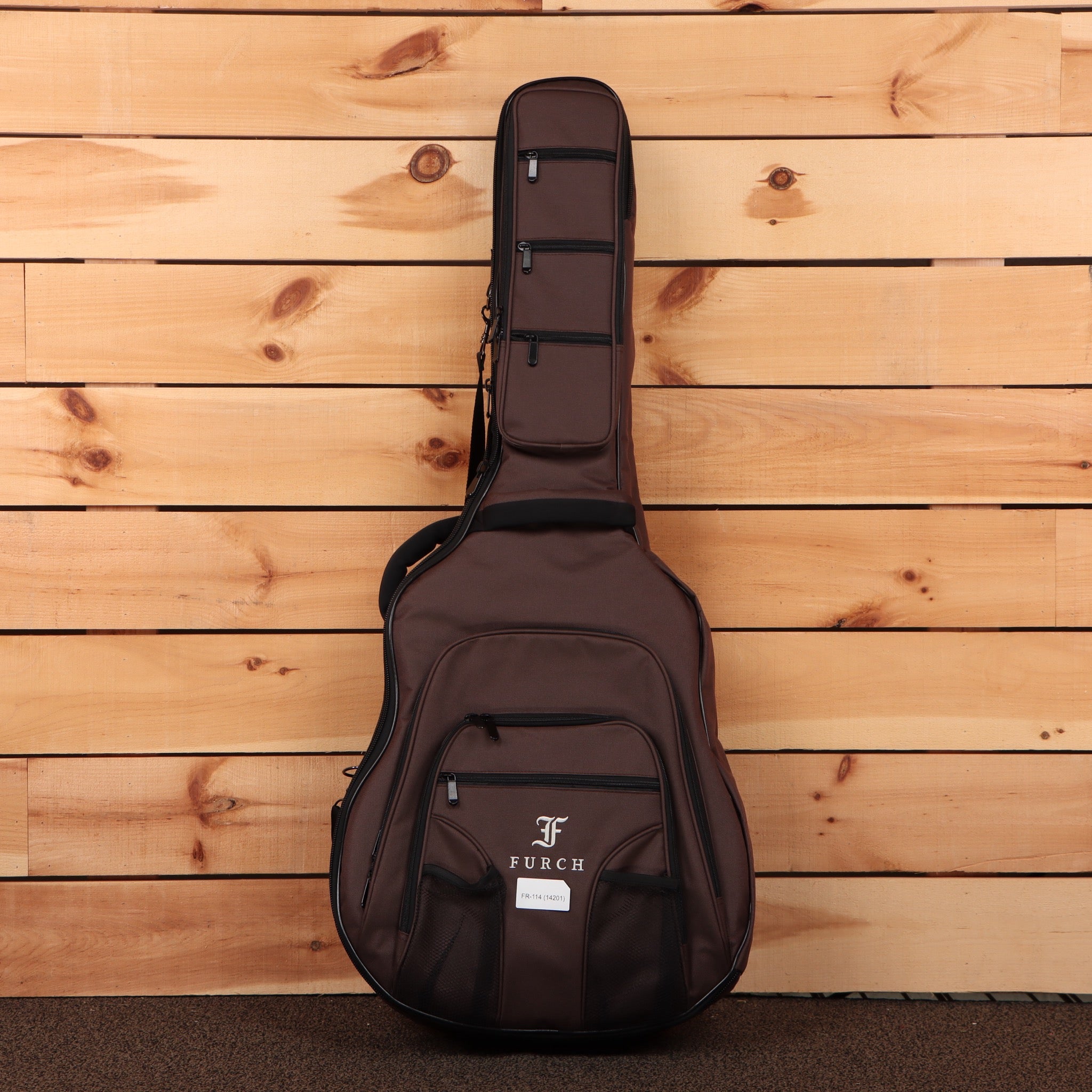 Furch Vintage 1 D-SM acoustic guitar gig bag brown padded case with multiple zippered pockets and shoulder strap