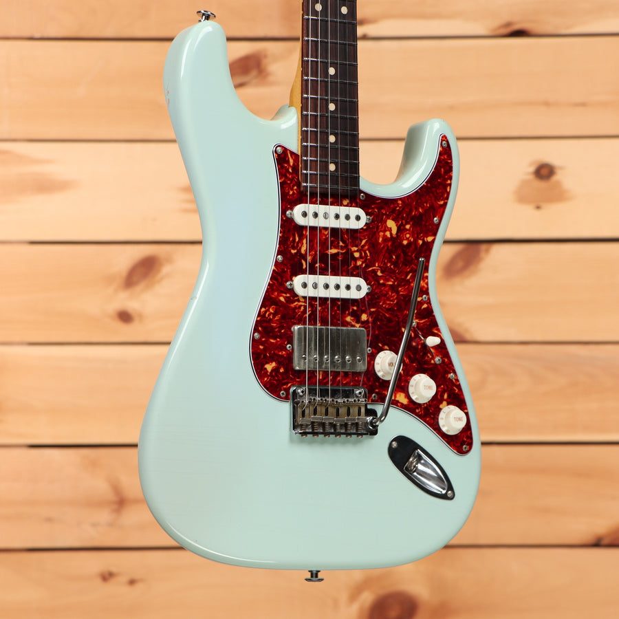 Suhr Classic S Antique Sonic Blue pre-owned electric guitar with red tortoiseshell pickguard and single-coil pickups